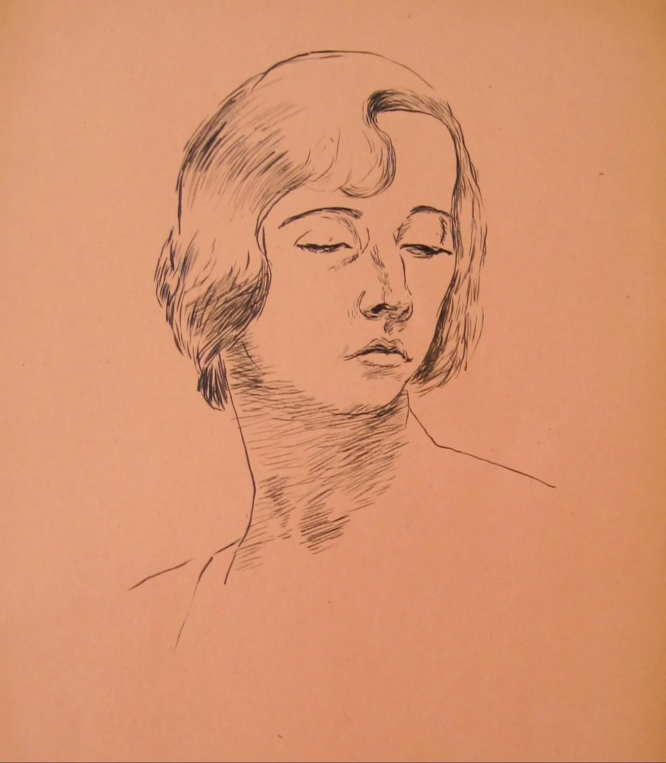 Helen Sewell Rennie Portrait of a Woman in Ink, Mid 20th Century Circa 1940s: This 1930-1950 ink on peach paper portrait of a woman is by Washington D.C. artist Helen Rennie (1906-1989). Rennie was a WPA artist. She exhibited at the Metropolitan Museum of Art, the Pennsylvania