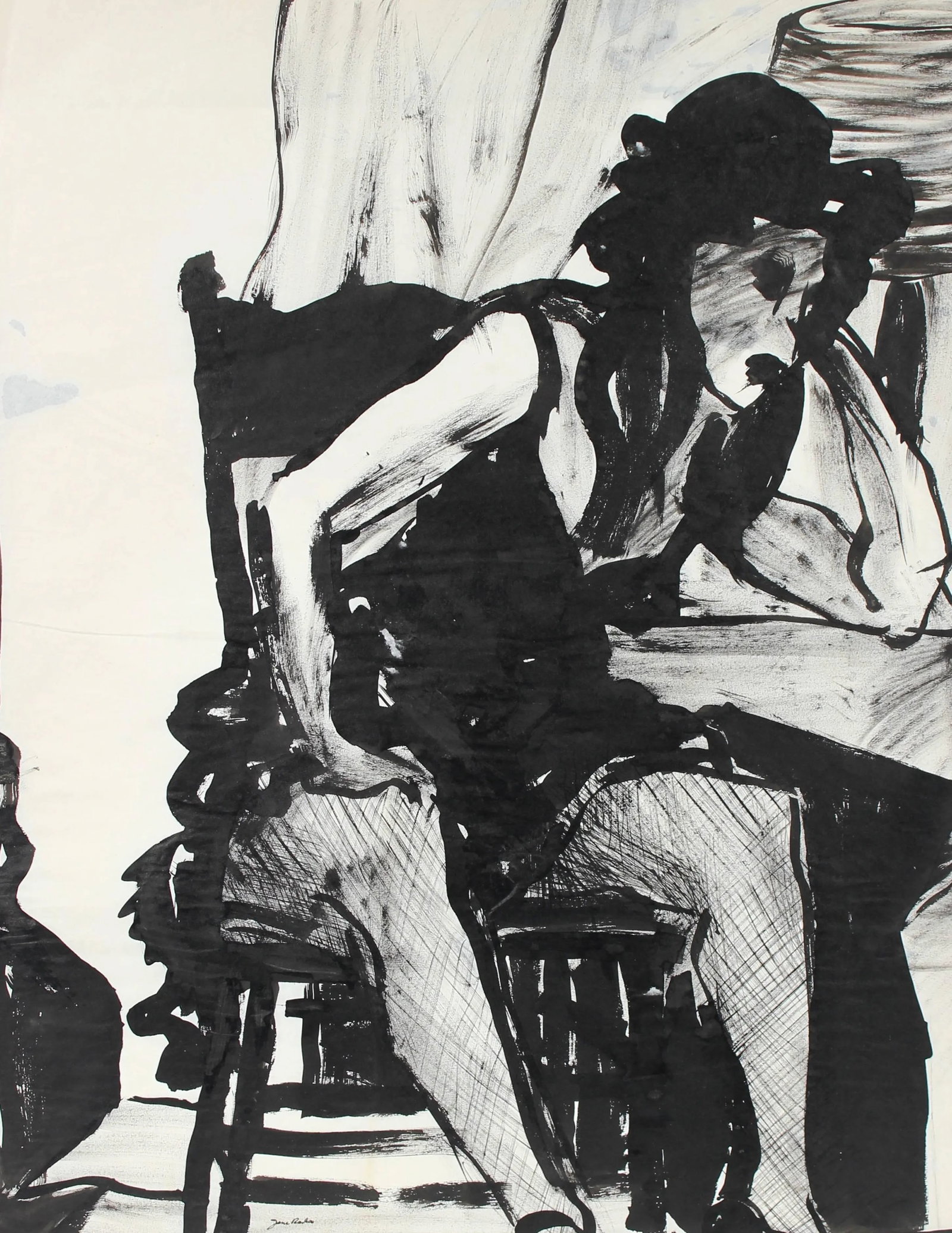 Jane Rades Bay Area Figurative Seated Portrait Drawing in Ink, Circa 1960s: This circa 1960s ink on paper portrait is by California artist and poet Jane Rades (b. 1942). Rades attended the University of Wisconsin- Milwaukee and studied painting at the San Francisco Art