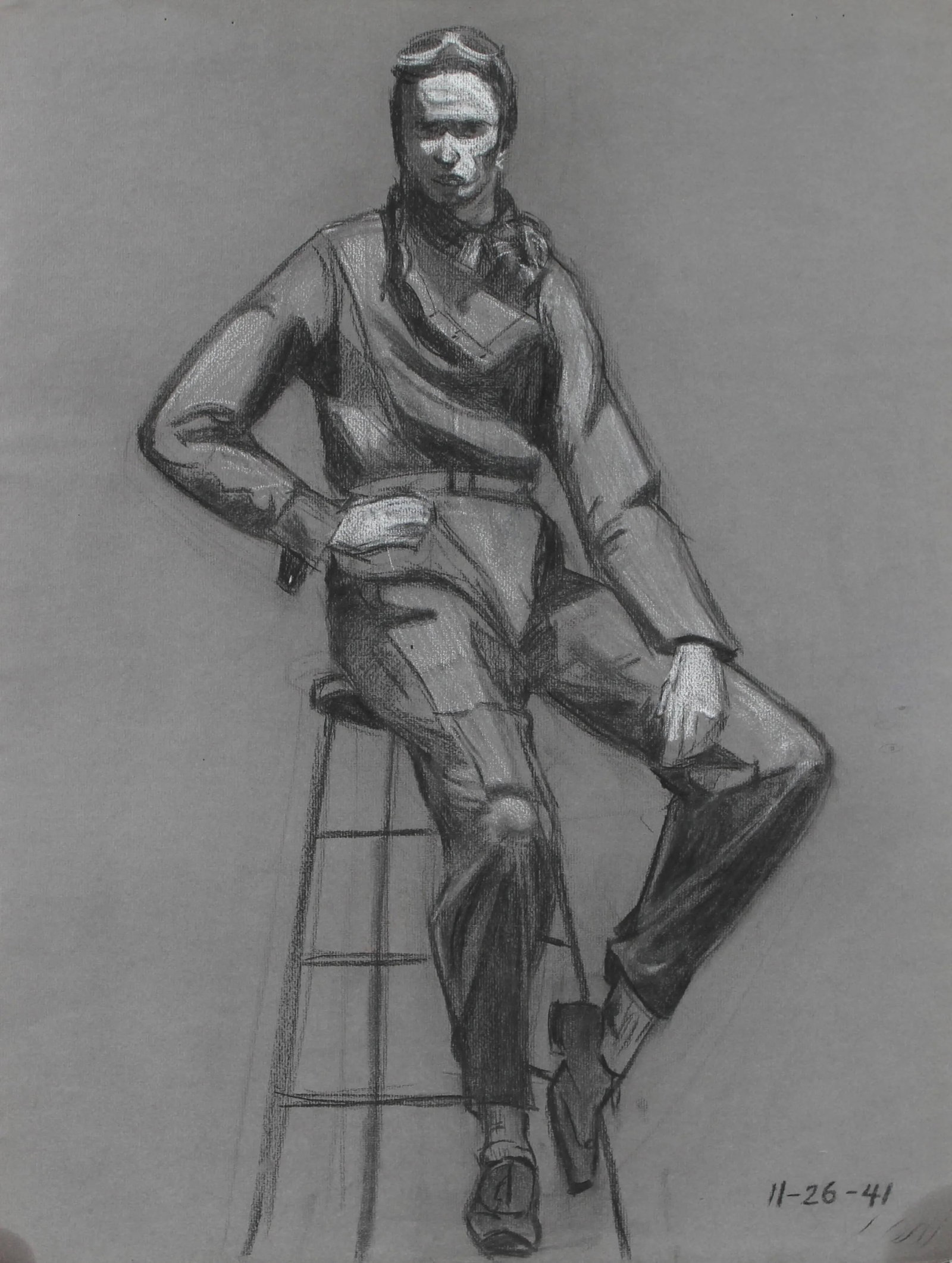 Seymour Tubis Portrait of Pilot Drawing in Charcoal, 1941: This 1941 charcoal on paper portrait is by Santa Fe artist Seymour Tubis (1919-1993). Tubis studied at the Art Students League with Hans Hofmann (1946-1949). He exhibited in Paris in 1950 and won