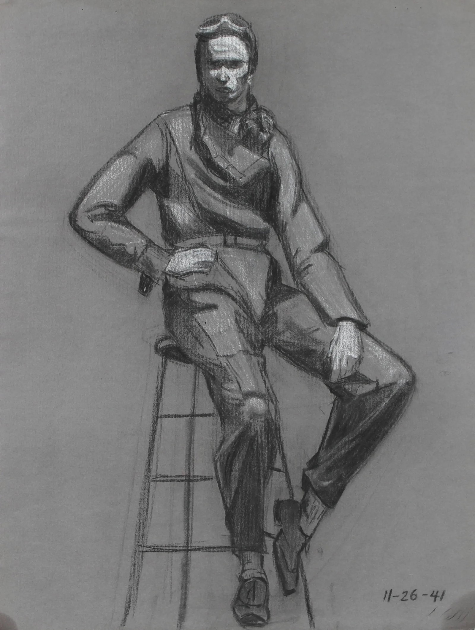 Seymour Tubis Portrait of Pilot Drawing in Charcoal, 1941 - 2