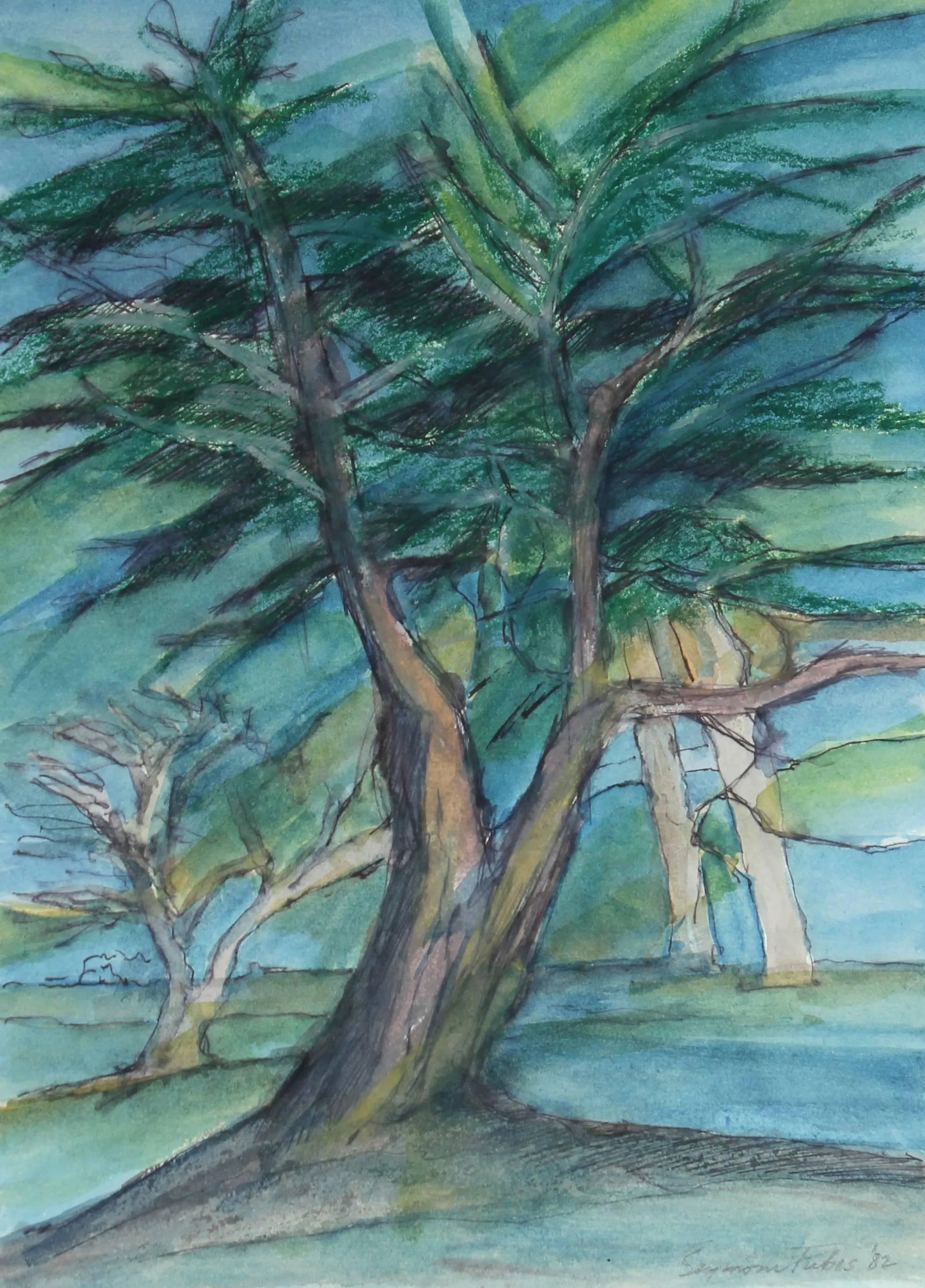 Seymour Tubis "Cypresses" Oil Pastel Landscape, 1982 1982: This 1982 oil pastel and ink on paper landscape entitled "Cypresses" is by Santa Fe artist Seymour Tubis (1919-1993). Tubis studied at the Art Students League with Hans Hofmann (1946-1949). He