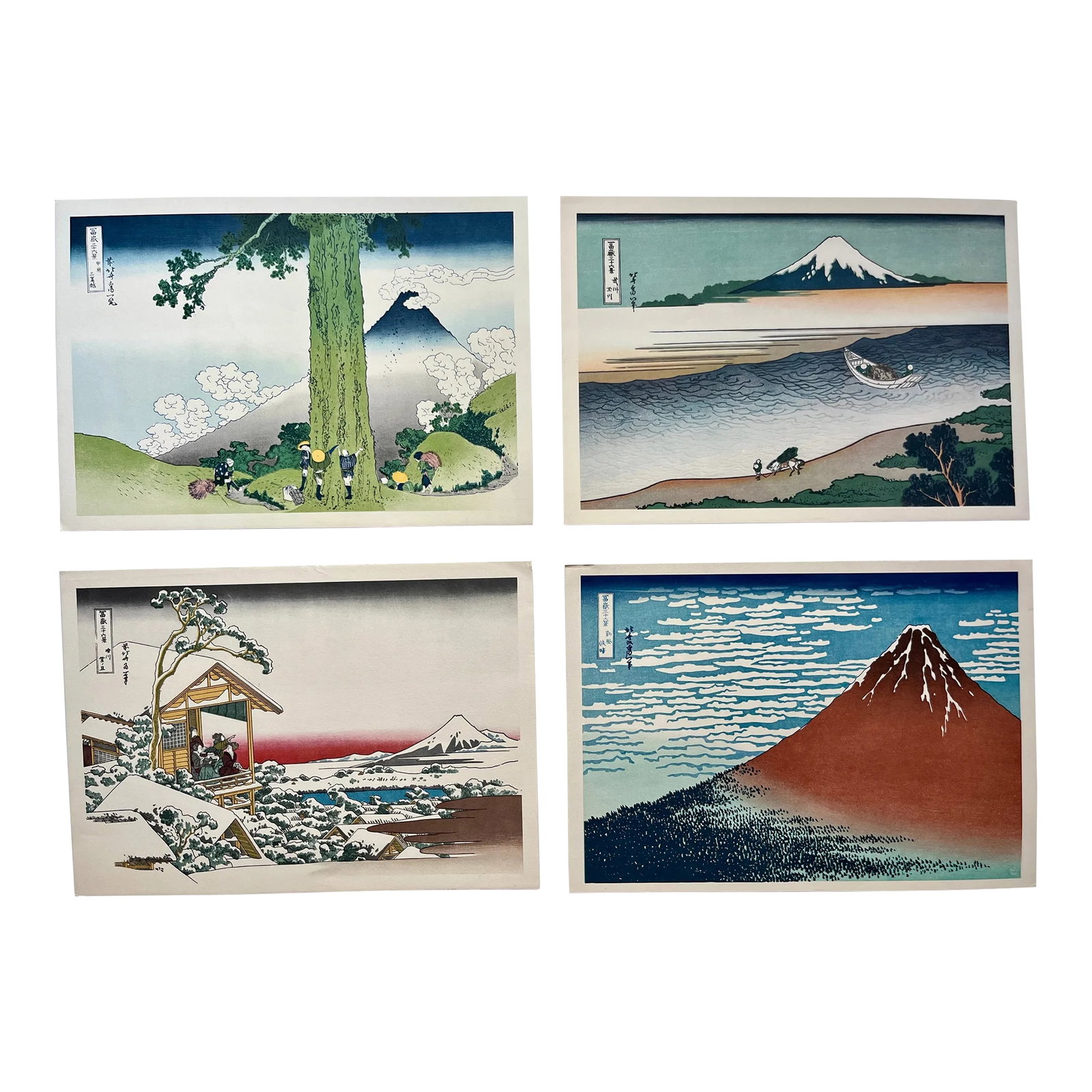 1980s Set of 4 Vintage Katsushika Hokusai Ukiyo Unframed Japanese Woodblock Prints: Set of 4 Vintage Katsushika Hokusai Ukiyo Unframed Woodblock Prints from the series Thirty-six Views of Mount Fuji Dimensions: 12" x 8 1/4" Good vintage condition! Hokusai's "Thirty-six Views of Mount