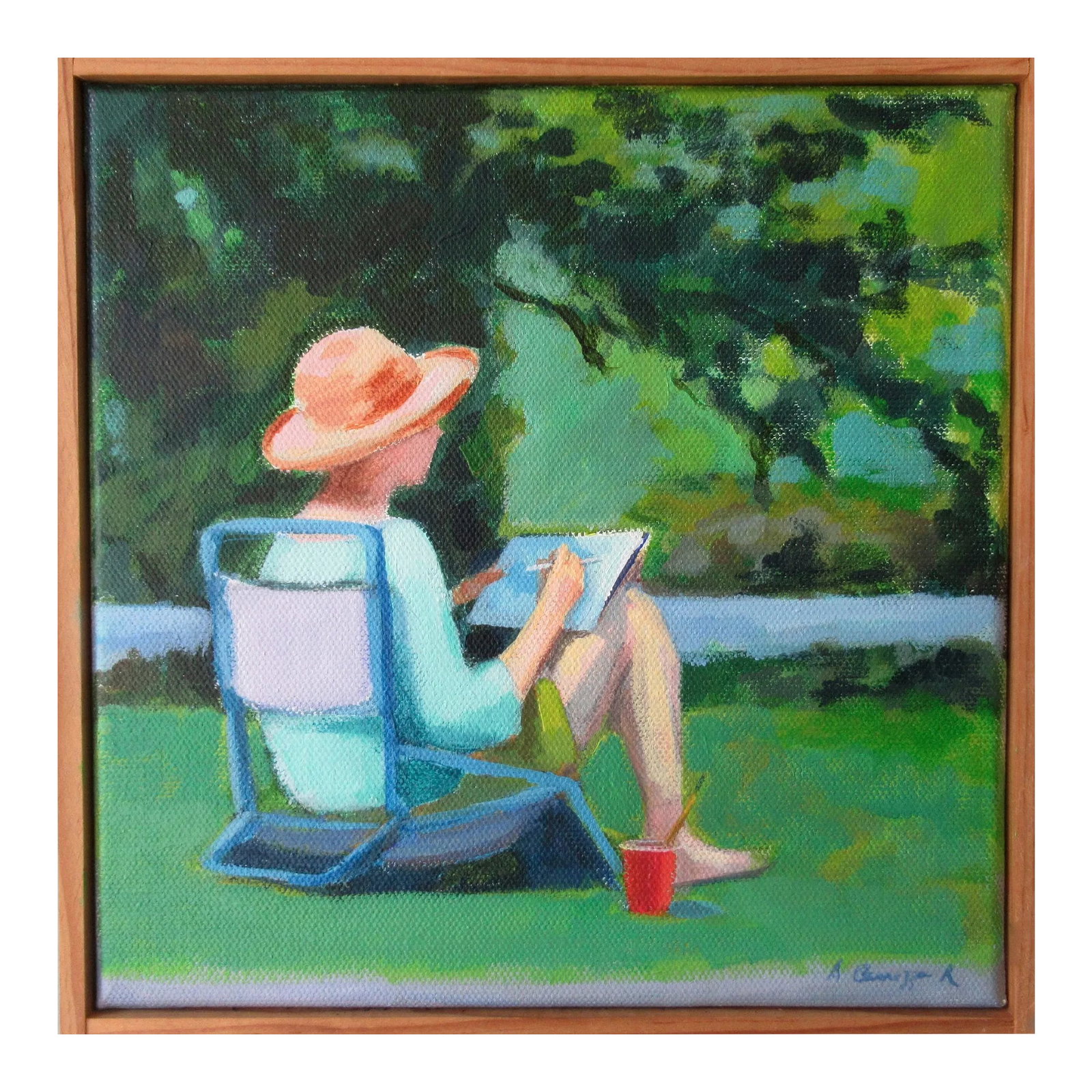 The Artist by Anne Carrozza Remick: Lovely light on an artist in Vermont. This painting is 8 x 8 inches, acrylic on primed canvas, framed with wood lattice, wired, signed and ready to hang up as soon you open the box. Created using arch