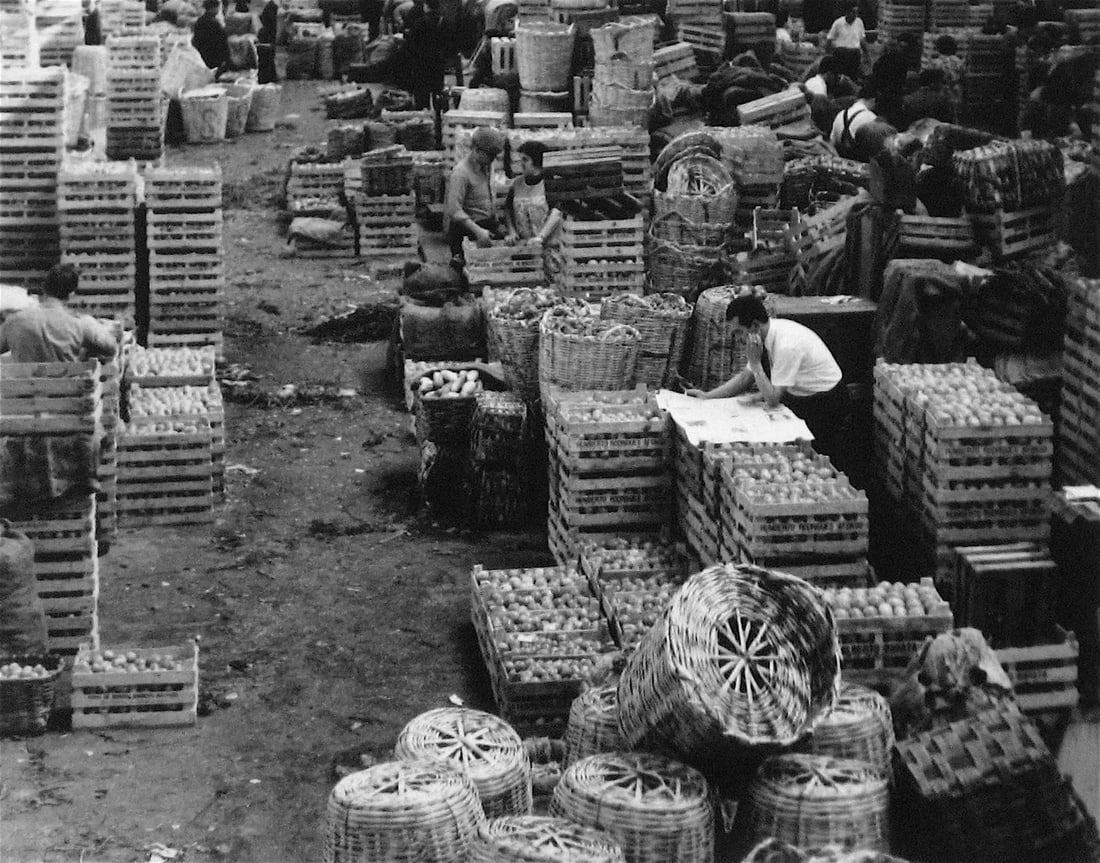 Roz Joseph Lisbon "Portugal Marketplace" Black and White Photograph, 1960s: This 1960s black and white photograph of a market in Lisbon, Portugal is by New York/San Francisco photographer Roz Joseph (b. 1926). Joseph travelled extensively through Europe, North Africa, and
