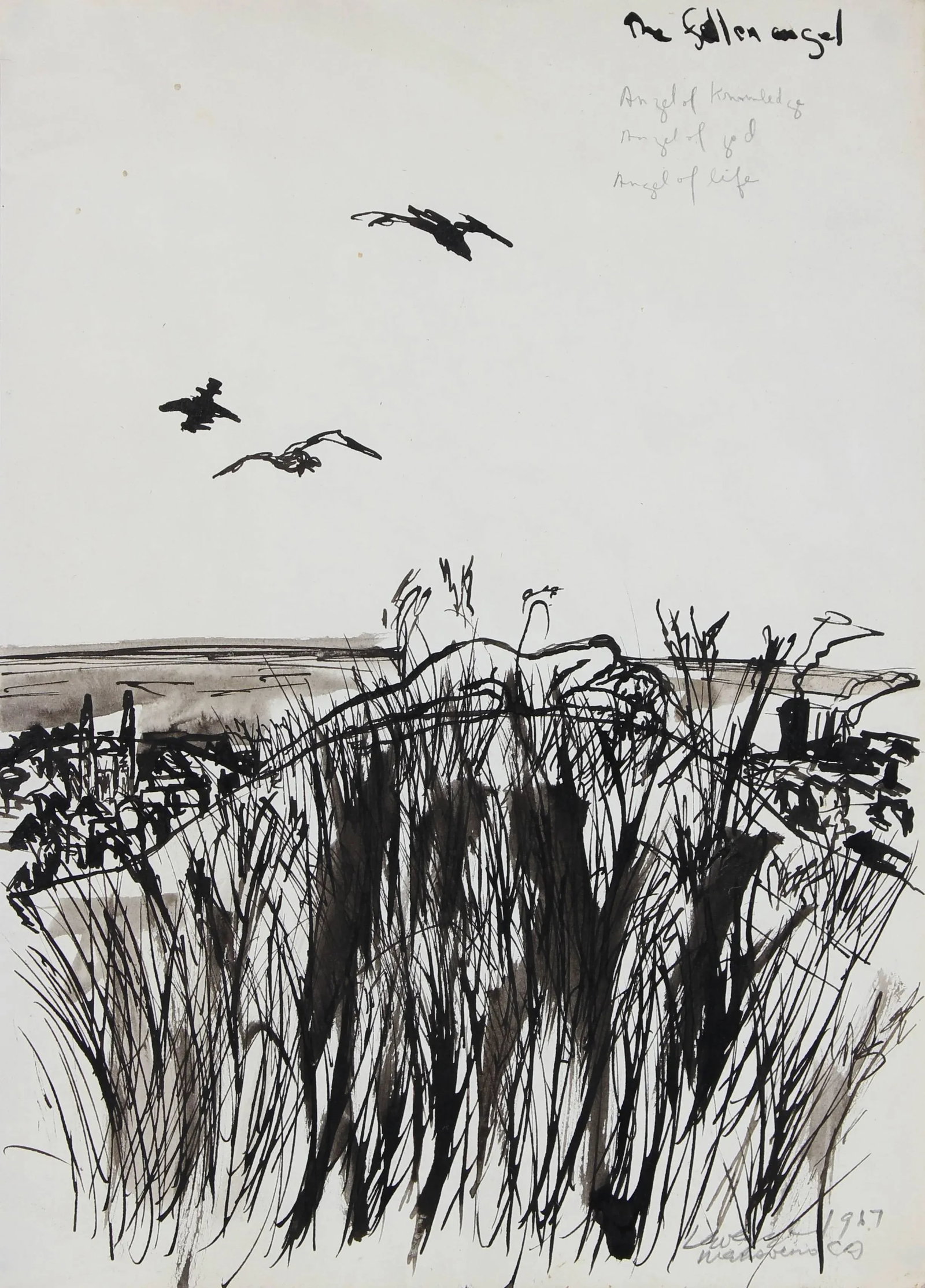 Laura Lengyel "The Fallen Angel" Monochromatic Landscape Ink Drawing on Paper, 1967 - 2