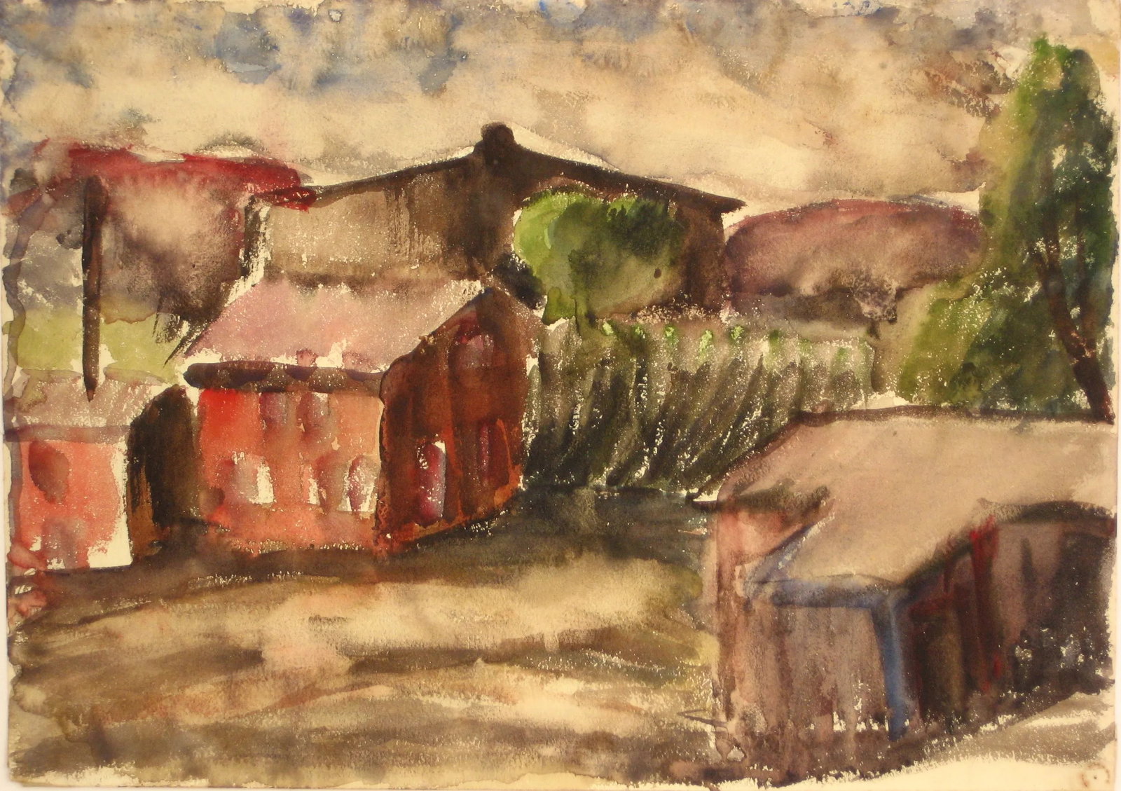 R. Van Wingerden Bay Area Ranch Scene Watercolor: This mid century watercolor on paper is by Dutch-Californian Expressionist Richard Van Wingerden (1893-1969). Van Wingerden was a WPA artist who studied with Thomas Hart Benton at the Art Students Lea