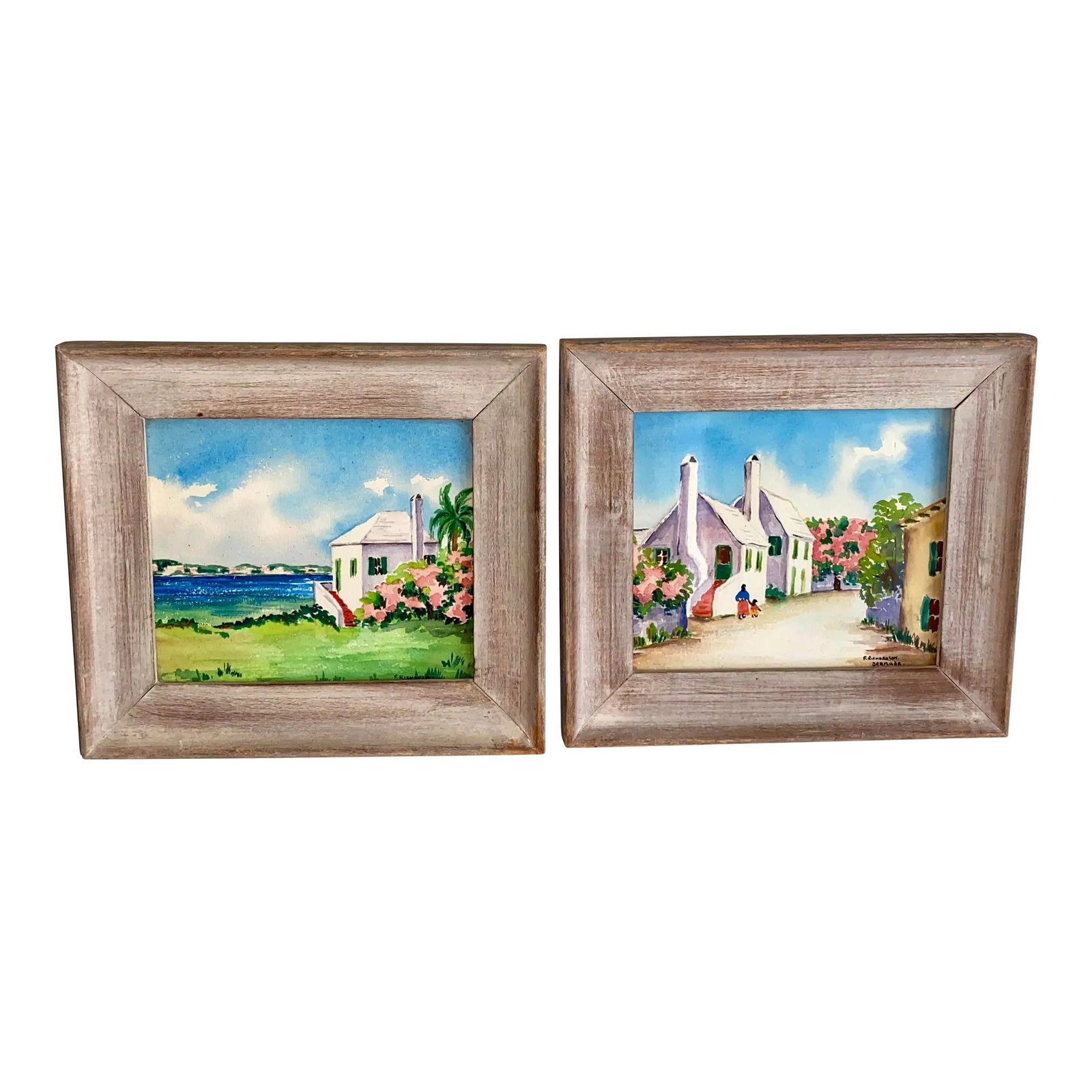 Small Vintage Watercolors of Bermuda Signed F Richardson - a Pair, Framed: A charming pair of vintage watercolors of Bermuda. Signed F Richardson. Identical in size and framing, each image measures 6 1/4:" x 7". Framed under glass in nice matching wood frames, each measures 