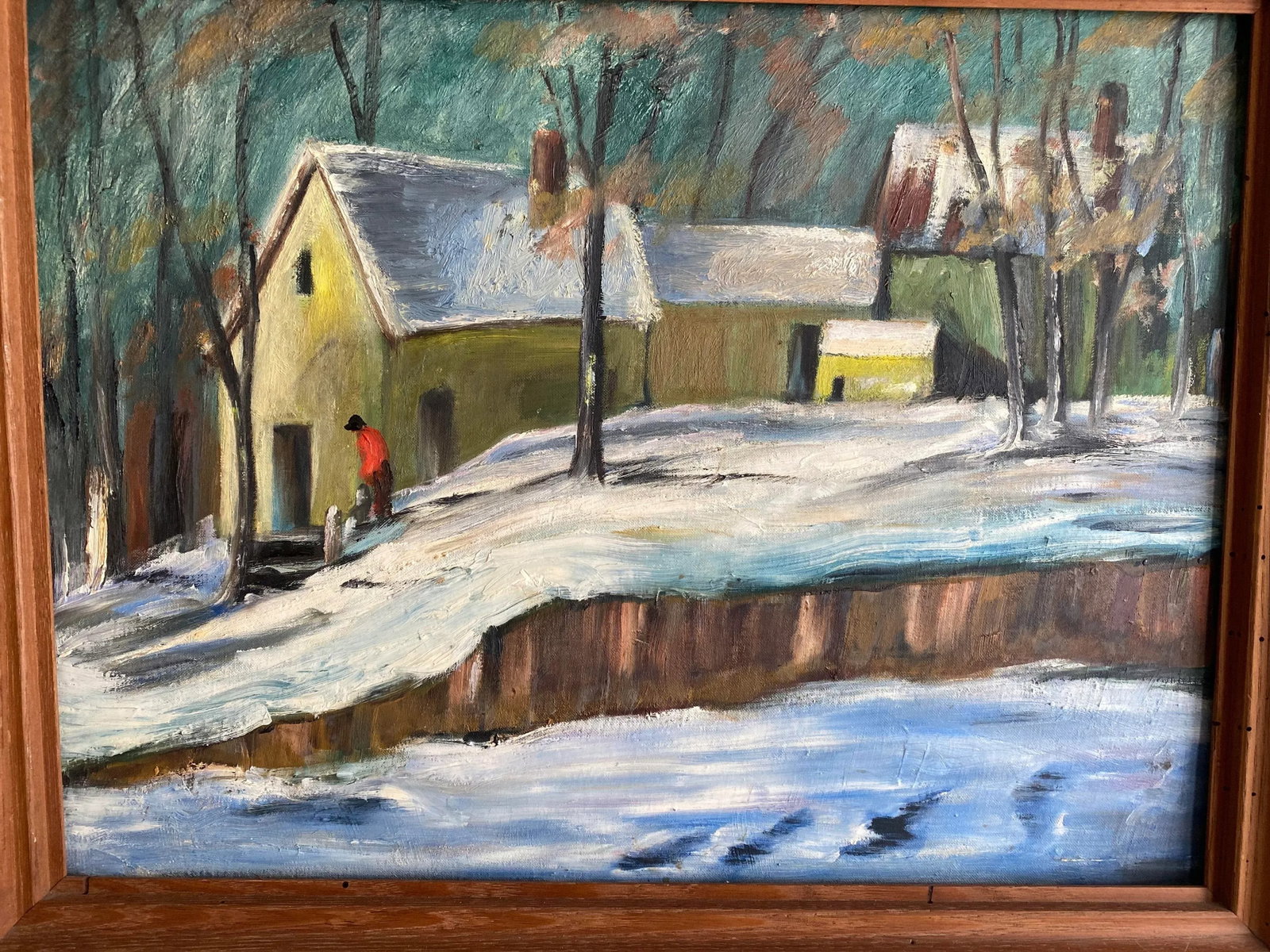 Vintage Wpa Style Winter Scene Painting Signed Heldman - 2