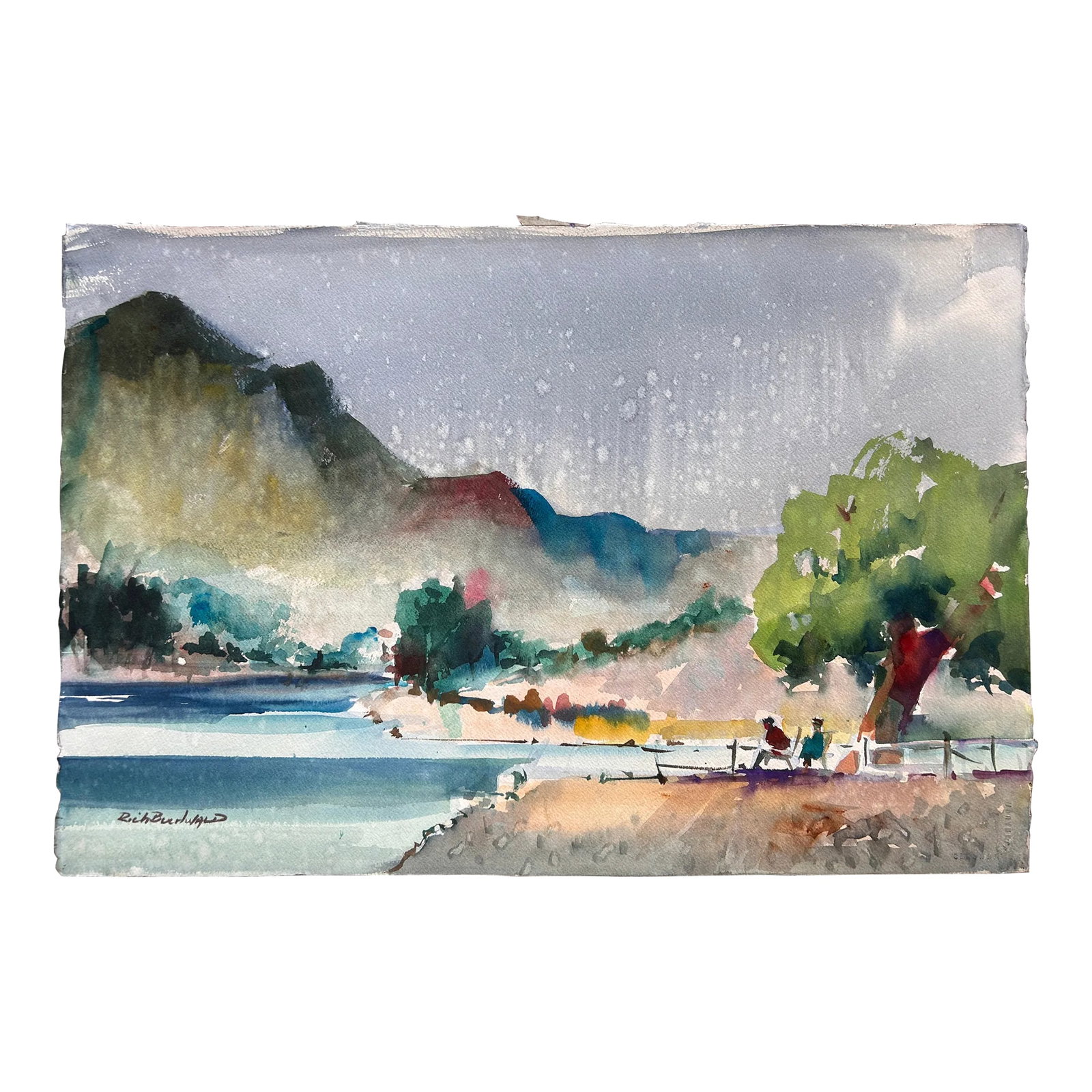 Vintage California Impressionist Watercolor Painting Lake Rain Signed Buchwald: This is a gorgeous Original Watercolor painting done on heavy Arches Paper by Listed California artist, Rich Buchwald (1925-2009). Buchwald studied at the Chicago Art Institute and his works have