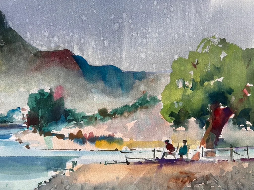 Vintage California Impressionist Watercolor Painting Lake Rain Signed Buchwald - 2