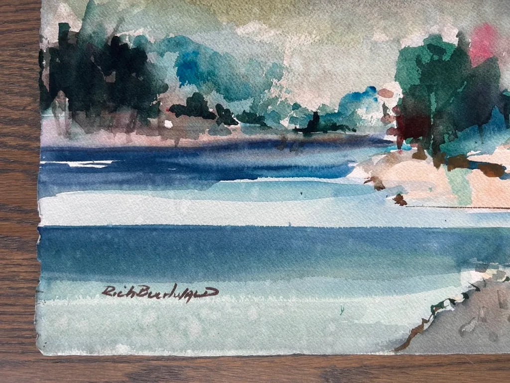 Vintage California Impressionist Watercolor Painting Lake Rain Signed Buchwald - 3