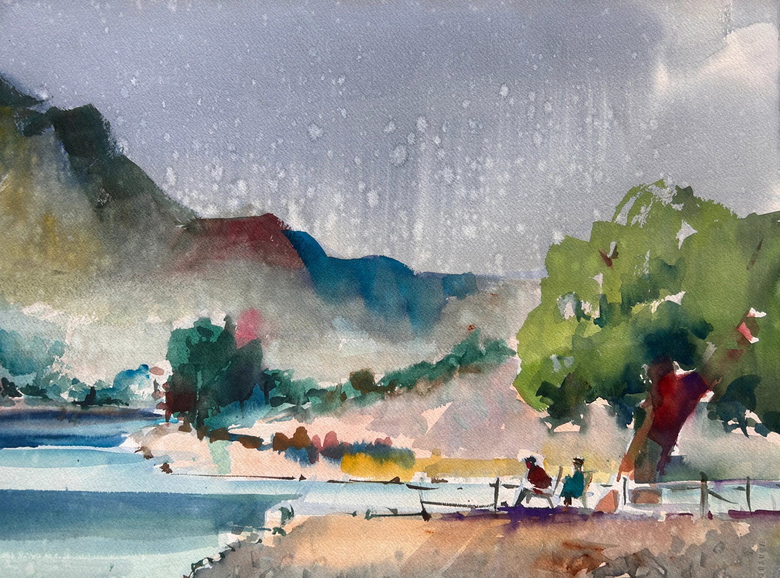Vintage California Impressionist Watercolor Painting Lake Rain Signed Buchwald - 4