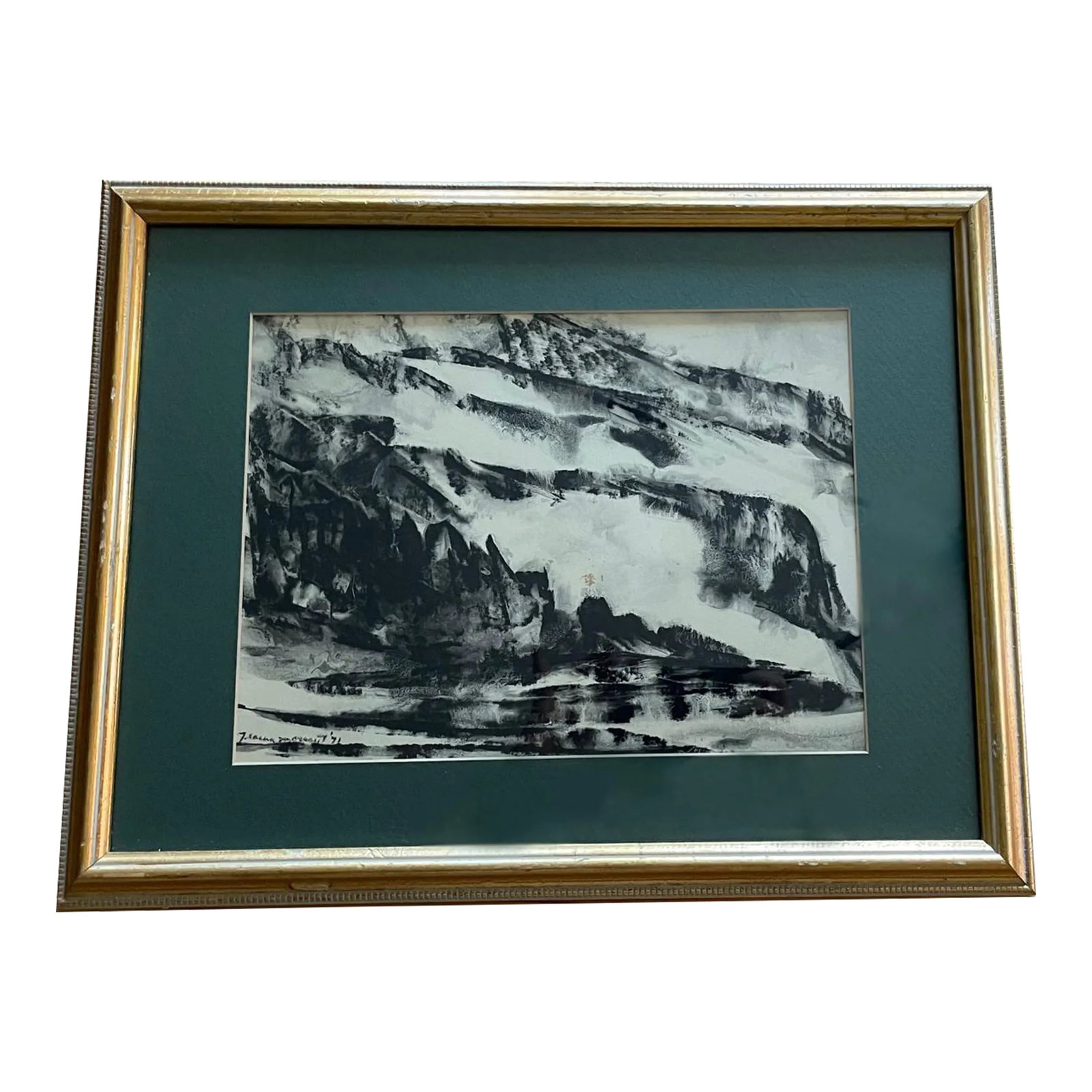 1970s Jeanne Moment Sumie and Oil Pastel Landscape Painting, Framed: This beautiful mixed media painting is by West Coast artist Jeanne Moment. The piece was made in 1971 with signature and date in the lower left corner. It is a horizontal abstract Oregon landscape.