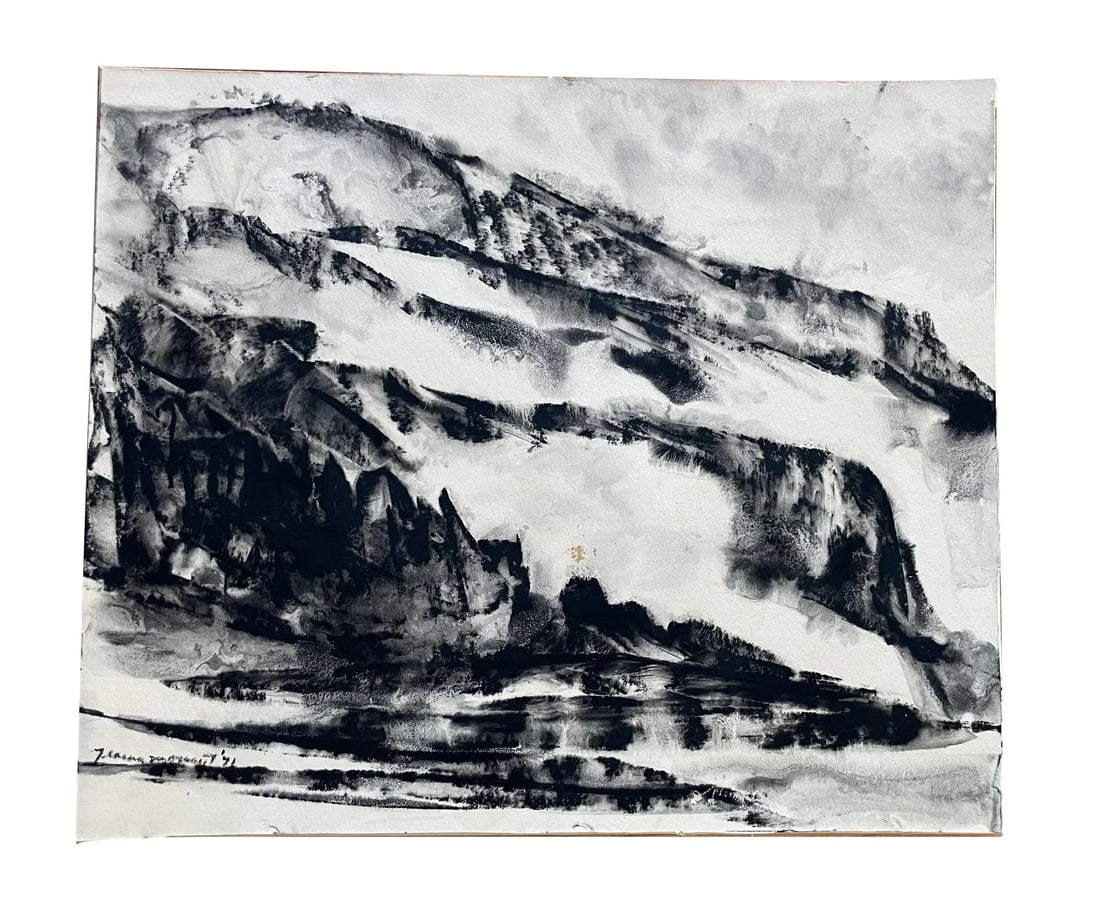 1970s Jeanne Moment Sumie and Oil Pastel Landscape Painting, Framed - 2