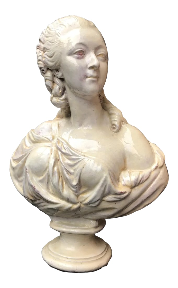 19th C. French Glazed Terracotta Bust of Countess Du Barry After Augustin Pajou: This large bust, depicting the Countess du Barry, was made after the 18th century original by Augustin Pajou. It is in the Louvre collection. He was the premier sculptor to King Louis XV of France. Th