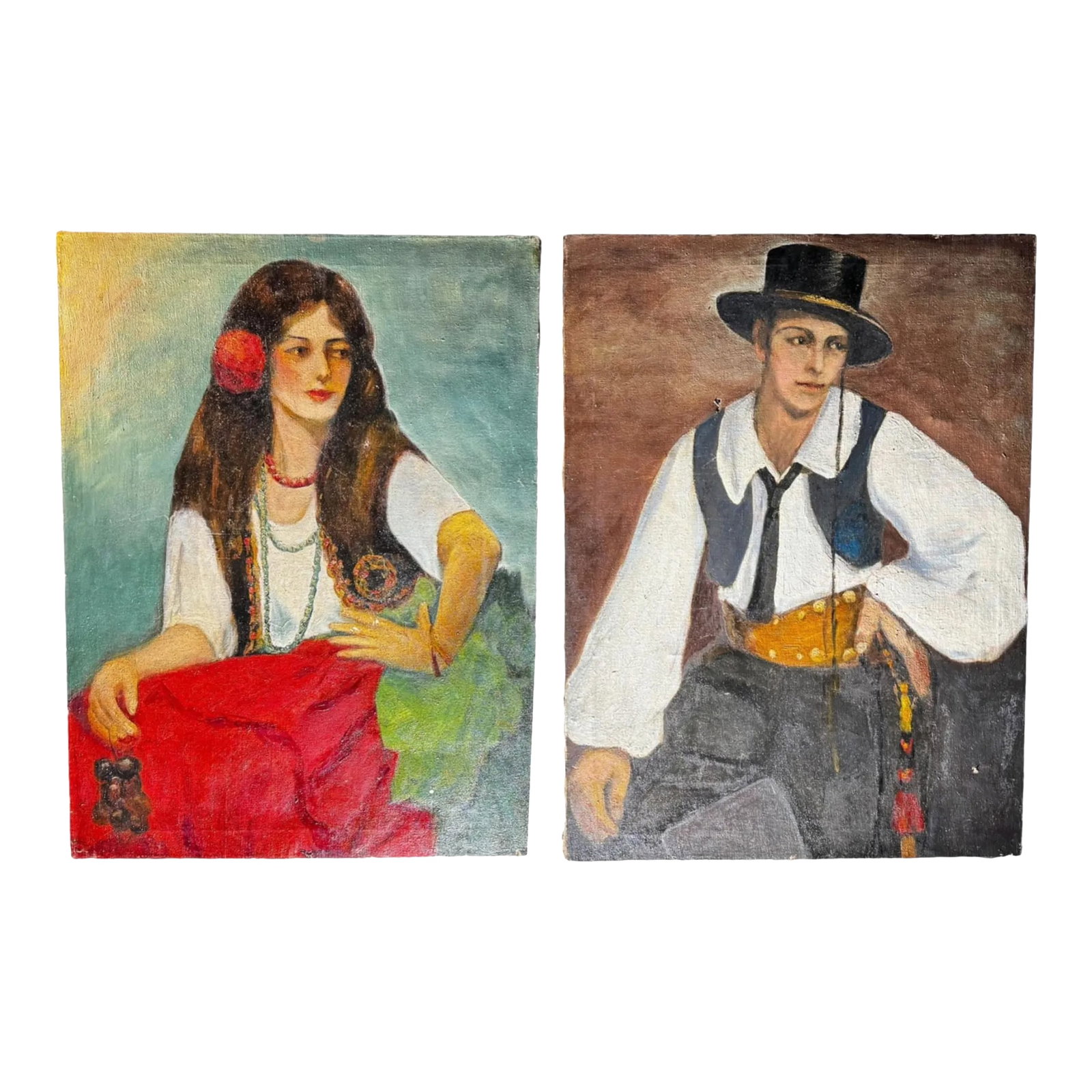 Pair of 1931 Oil Painting Portraits of Italian Man & Woman: These stunning antique canvas oil paintings came straight from Italy and feature matching portraits of a man and woman. The backside of the female portrait, in which a woman models a striking red skir