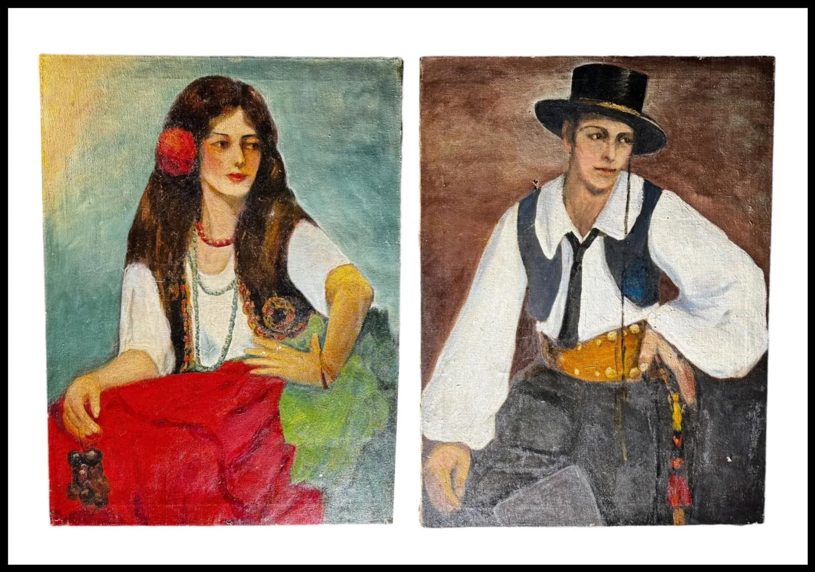 Pair of 1931 Oil Painting Portraits of Italian Man & Woman - 7