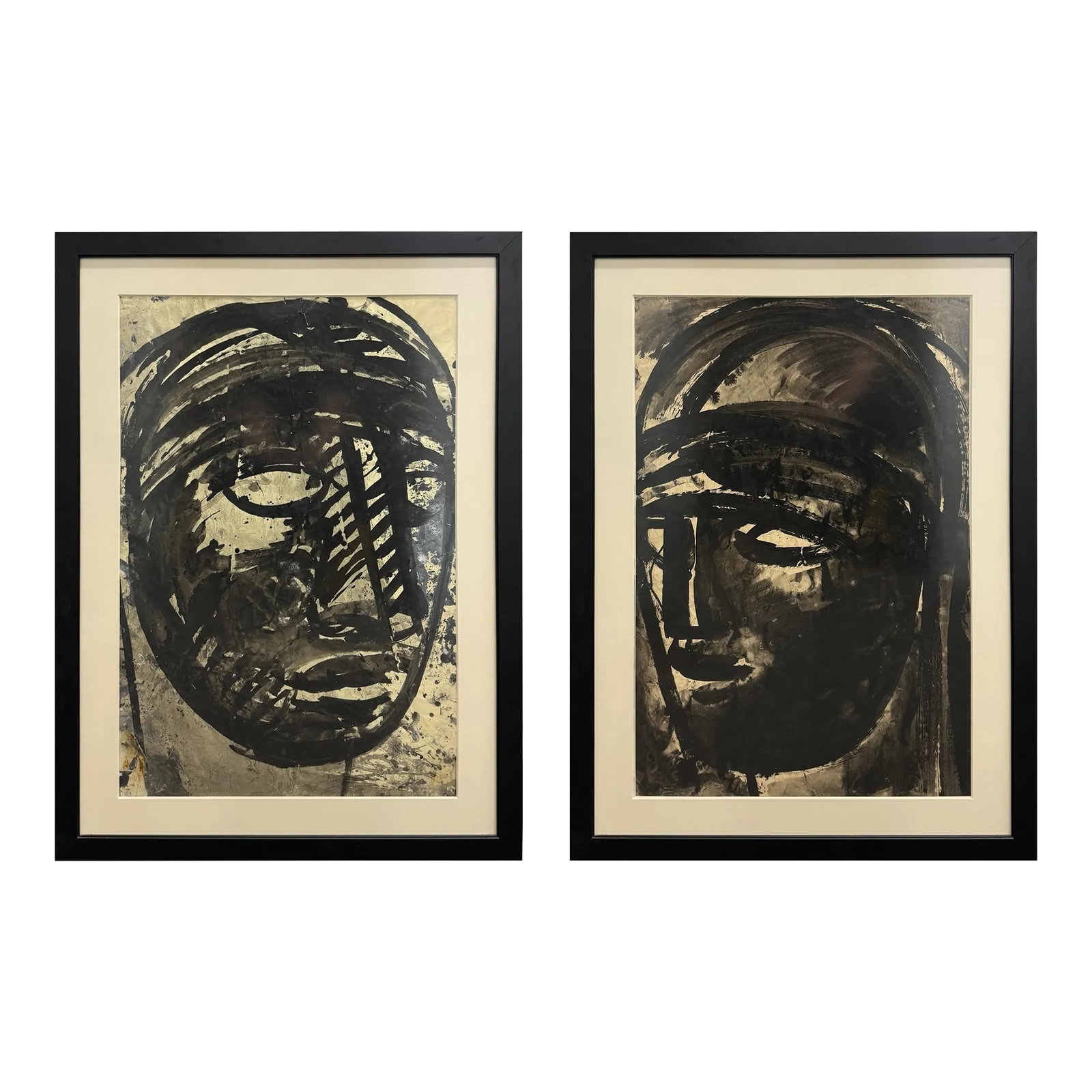 Set of Two Framed Sylvia Schuster Portraits: This set of Sylvia Schuster portraits, each depicting a face in three-quarter profile rendered in black ink on paper, are quintessential examples of her profound ability to distill the human form