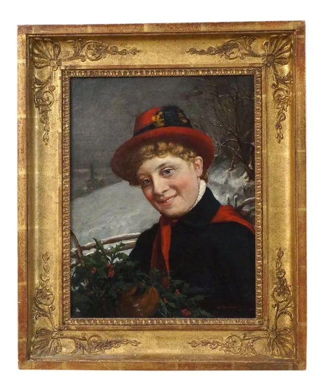 19th Century "Enjoying Winter" by Charles v. Brown Oil on Canvas