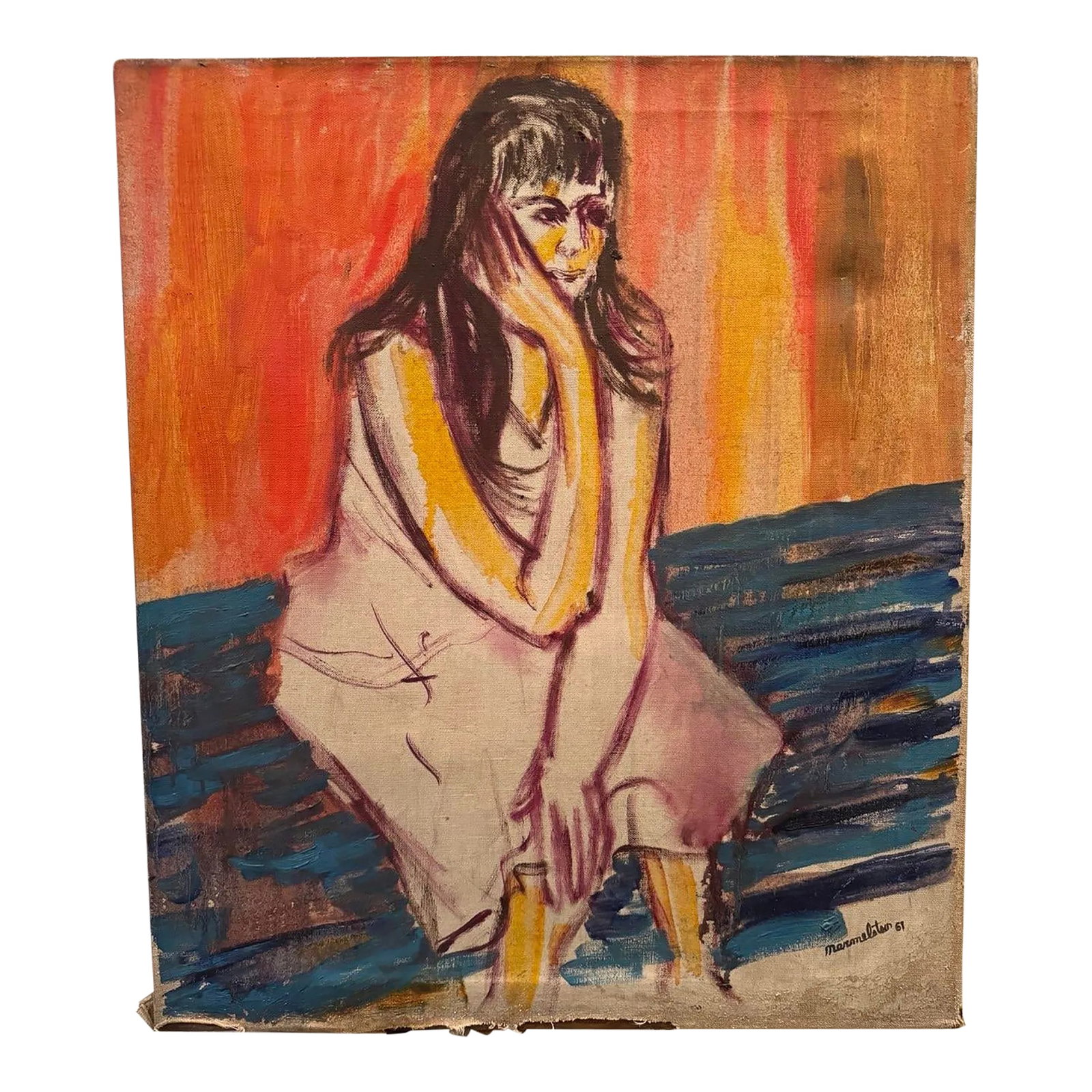 1960s Michael Meyer Marmelstein Painting: Unframed, oil painting, signed 1961. Incredible example of a listed, mid-century masters distinctive style. In its simplest context, just a woman sitting and thinking. Perhaps the weight of her