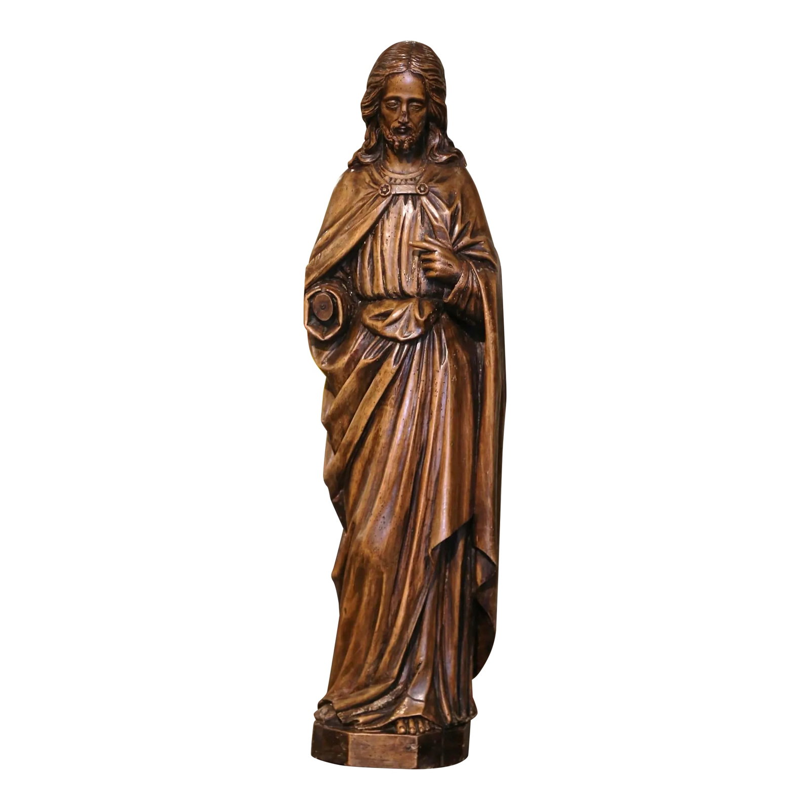 18th Century French Carved Walnut Statue of Jesus Christ: This beautiful antique Christ statue was hand carved in France, circa 1780. Standing on a octagonal integral base, the sculpture depicts our Lord Jesus Christ, a fine example of ecclesiastical art fro