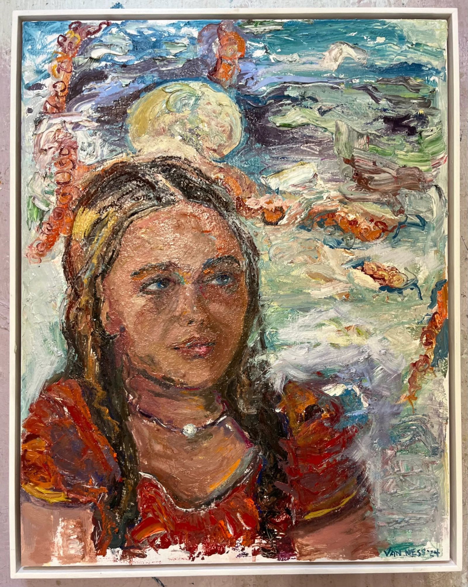 "Anticipation", Original Oil Painting, Portrait of a Young Woman, Framed, by Van Ness - 10