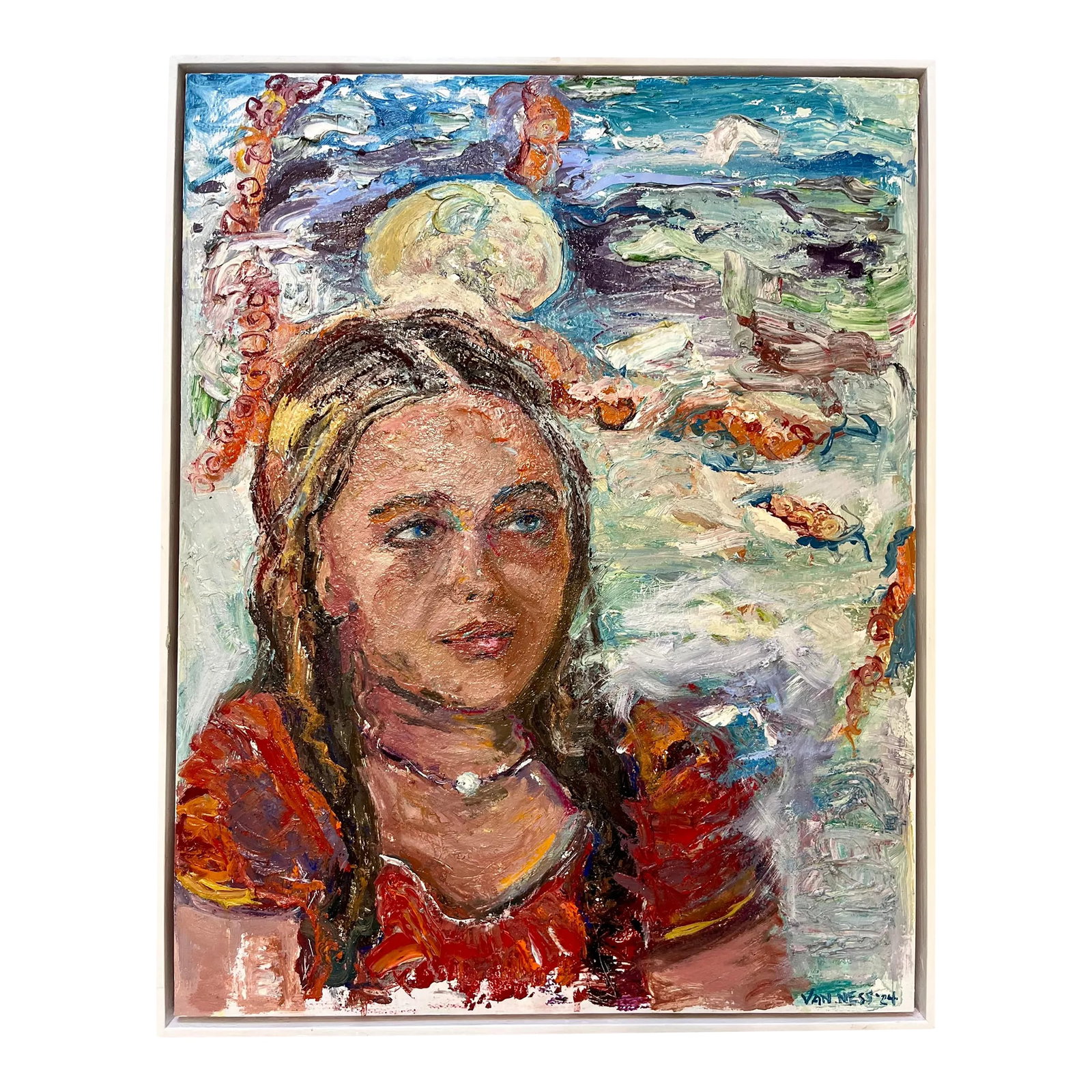 "Anticipation", Original Oil Painting, Portrait of a Young Woman, Framed, by Van Ness: 23"x29"x2", white floating framed. girl in anticipation. A painting of a girl in anticipation of what is to come next. Anticipating of her future and all that it holds. Great gift idea! As seen in
