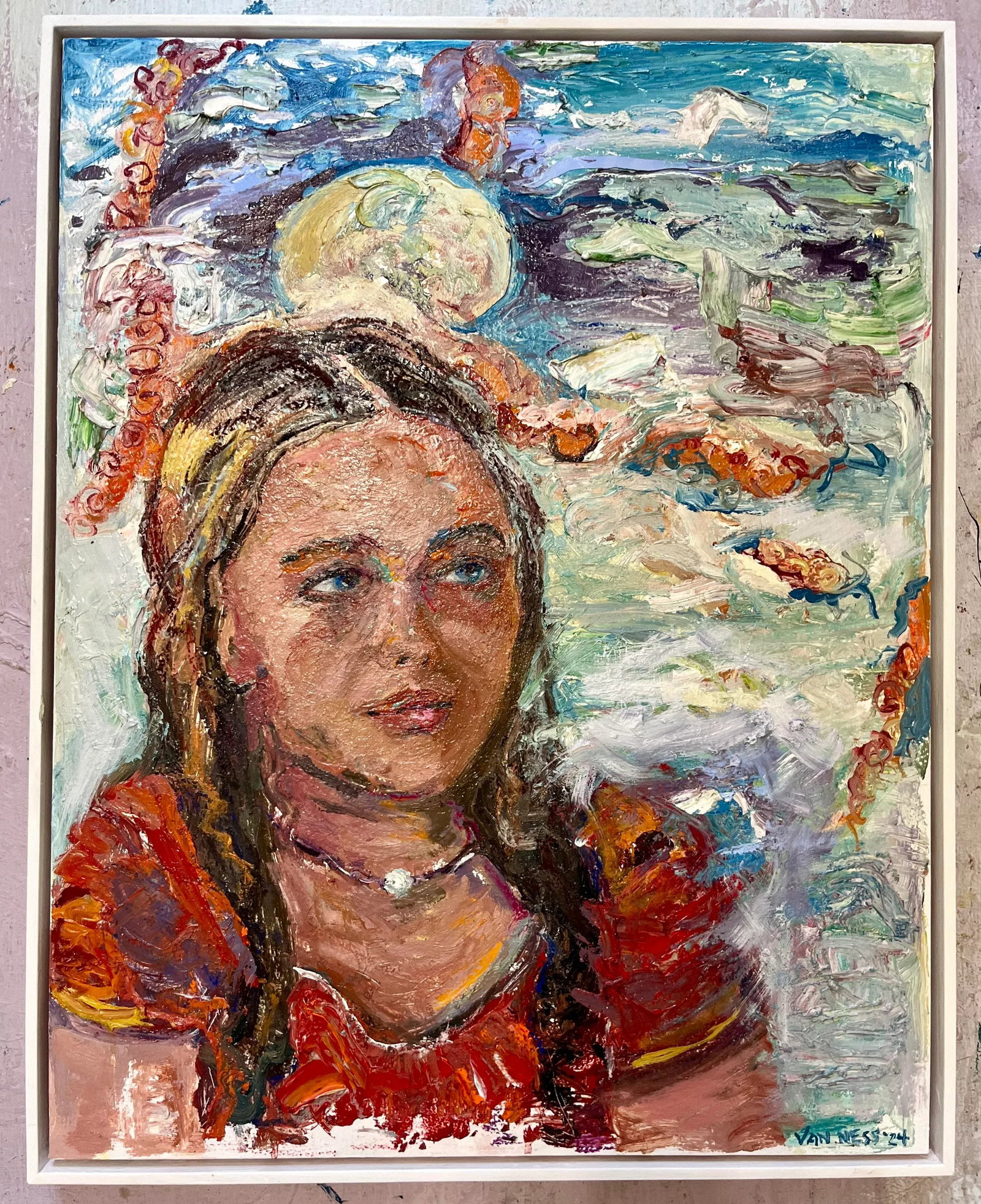 "Anticipation", Original Oil Painting, Portrait of a Young Woman, Framed, by Van Ness - 2