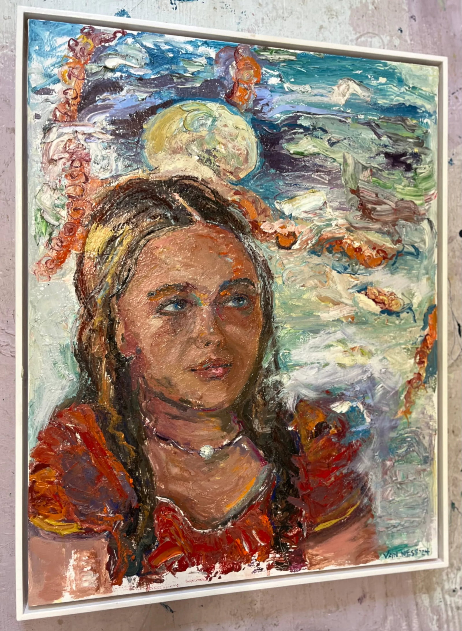 "Anticipation", Original Oil Painting, Portrait of a Young Woman, Framed, by Van Ness - 3