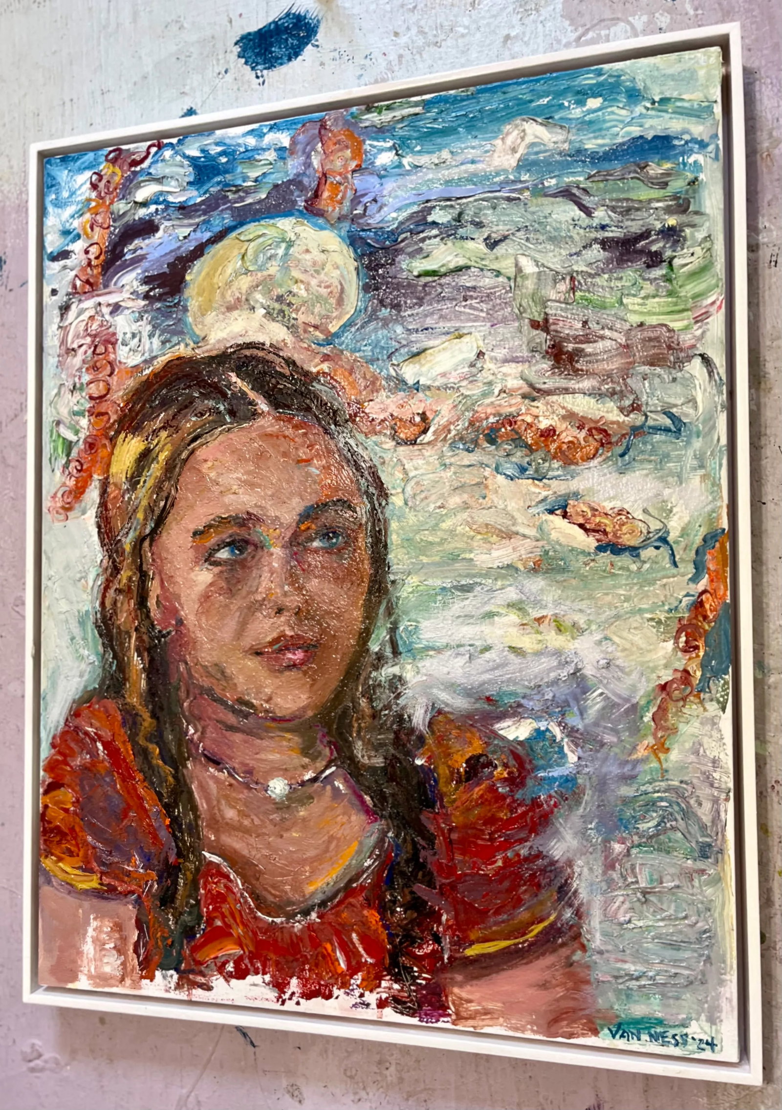 "Anticipation", Original Oil Painting, Portrait of a Young Woman, Framed, by Van Ness - 4