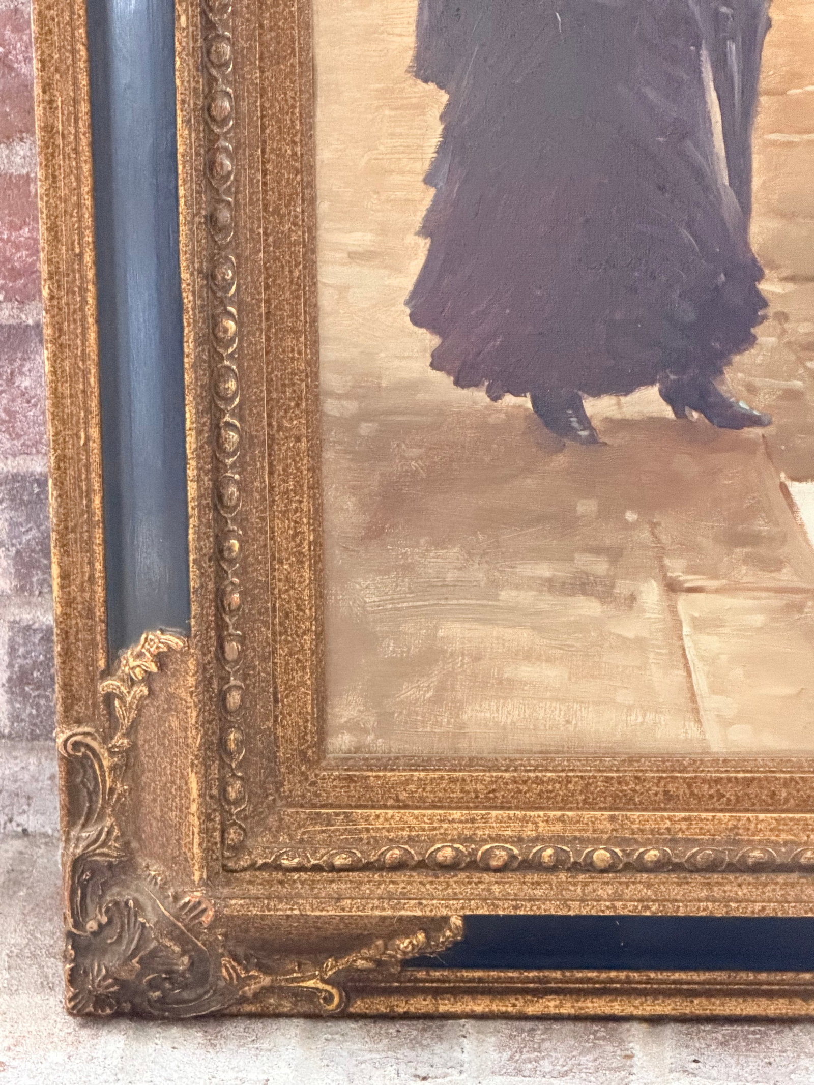 Large Vintage Parisian Street Scene Oil Painting of Victorian Woman in Ornate Gilt Frame - 10