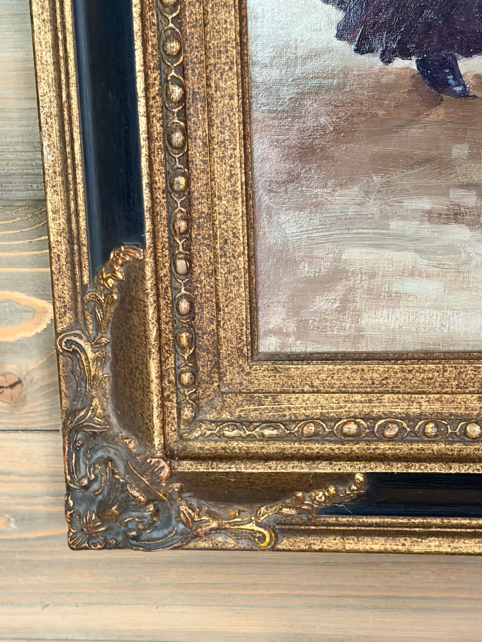 Large Vintage Parisian Street Scene Oil Painting of Victorian Woman in Ornate Gilt Frame - 14