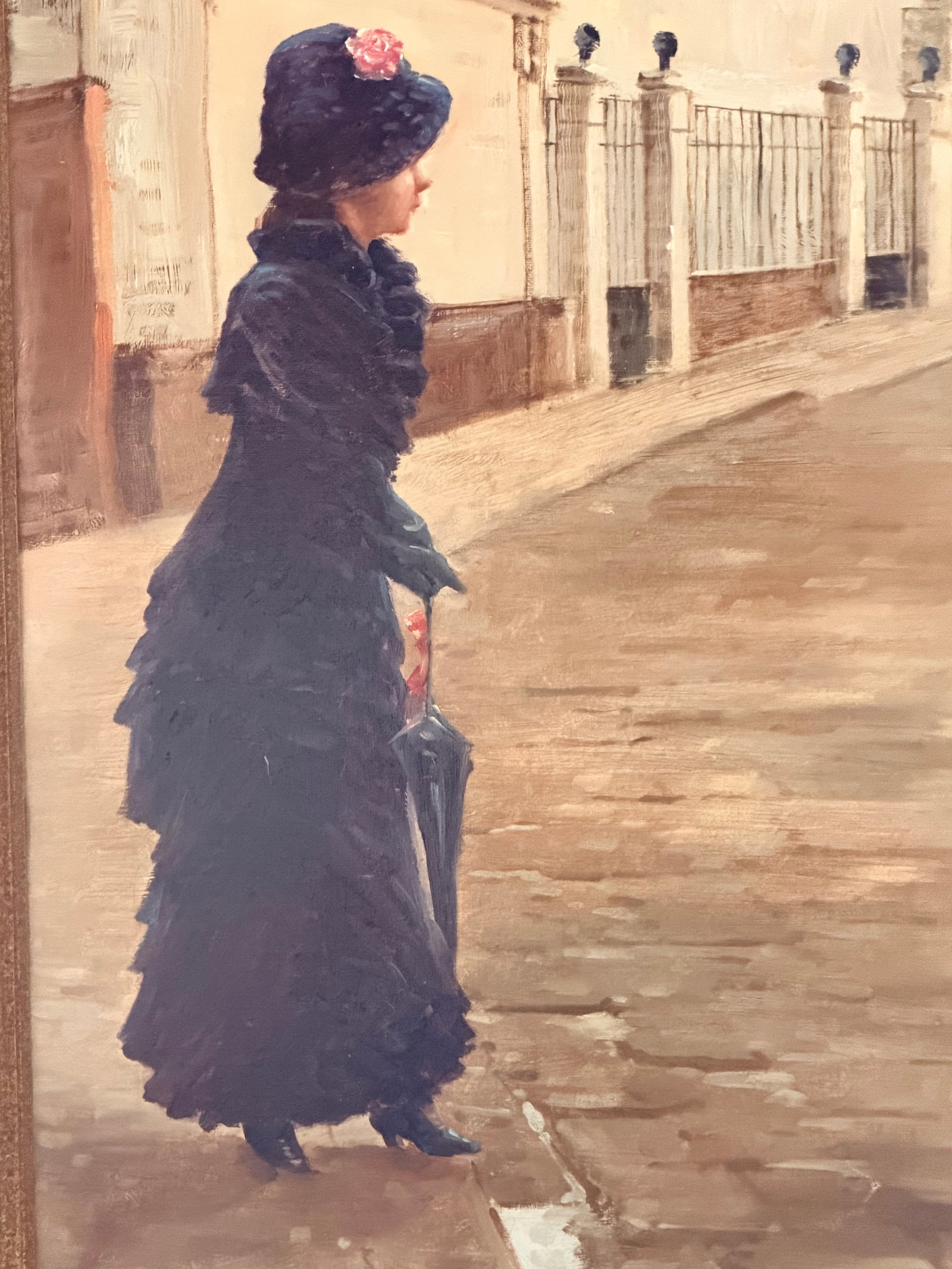 Large Vintage Parisian Street Scene Oil Painting of Victorian Woman in Ornate Gilt Frame - 15