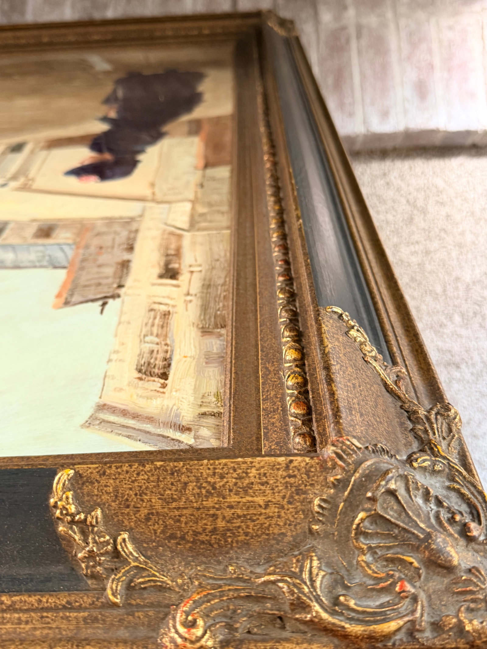 Large Vintage Parisian Street Scene Oil Painting of Victorian Woman in Ornate Gilt Frame - 17
