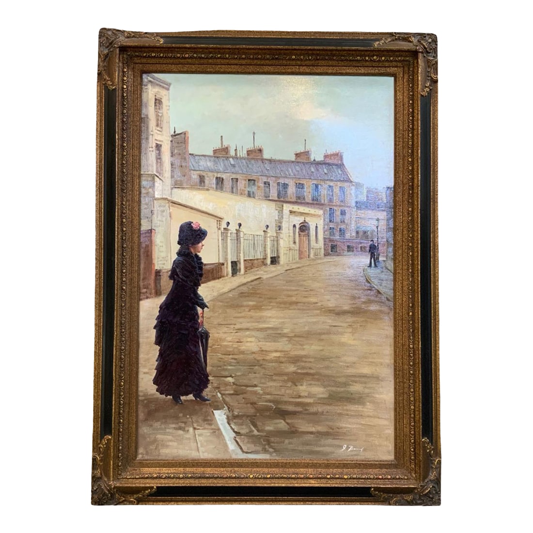 Large Vintage Parisian Street Scene Oil Painting of Victorian Woman in Ornate Gilt Frame: Large vintage oil on canvas depicting an elegant woman in period dress along a quiet European street. The architectural setting, muted palette, and finely rendered figure create a romantic Parisian-in