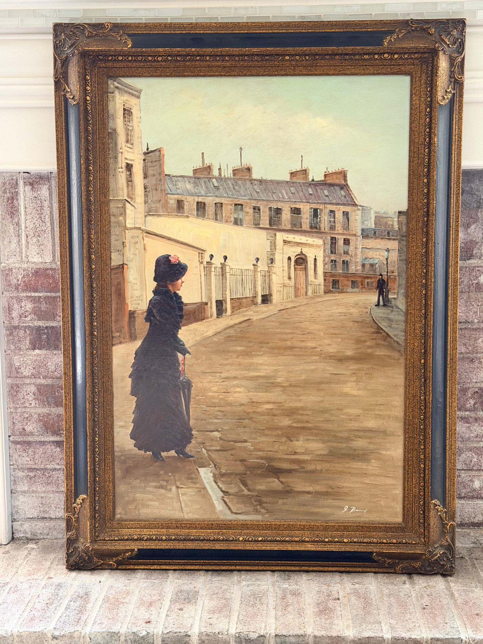 Large Vintage Parisian Street Scene Oil Painting of Victorian Woman in Ornate Gilt Frame - 2