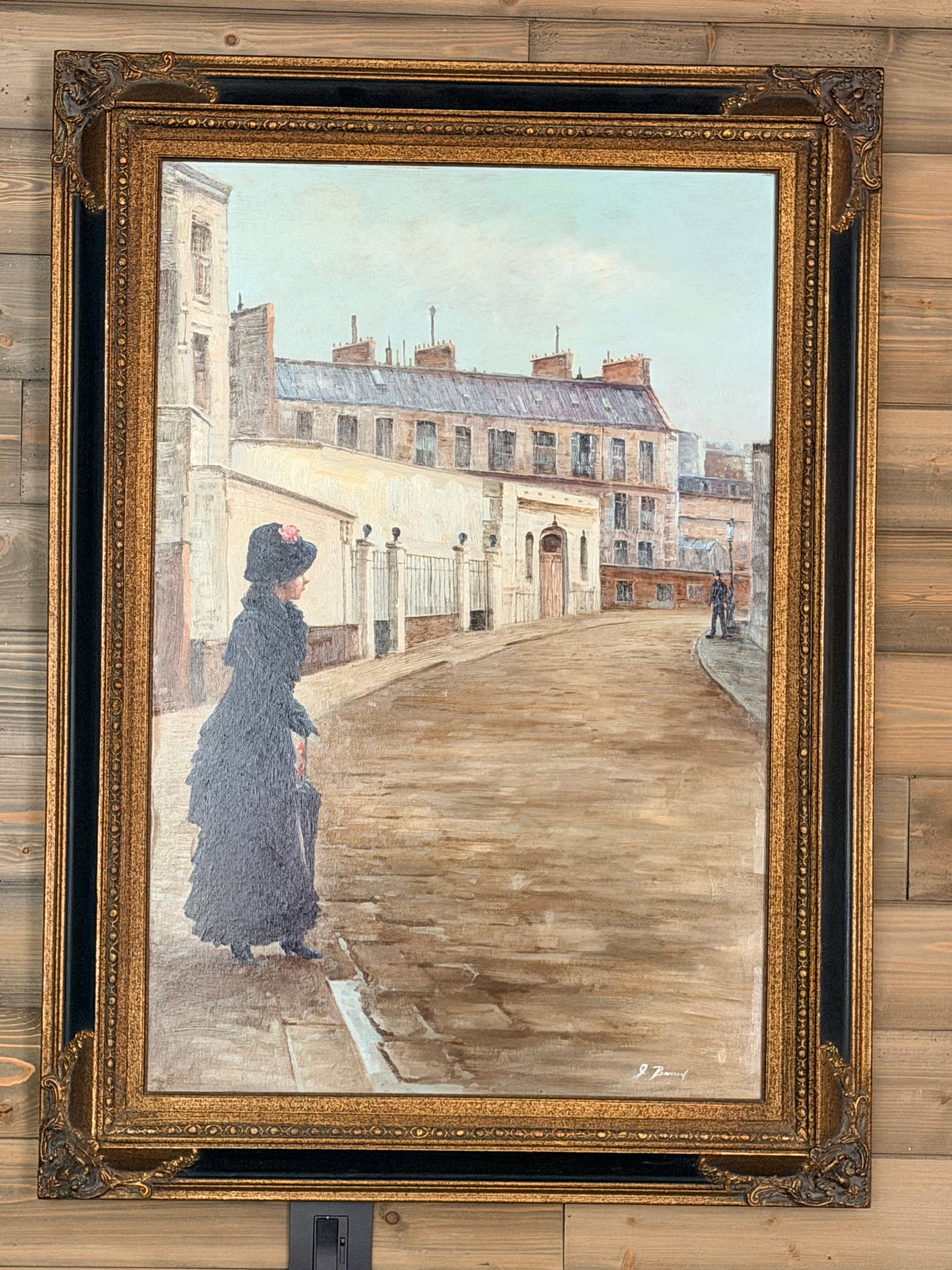 Large Vintage Parisian Street Scene Oil Painting of Victorian Woman in Ornate Gilt Frame - 4