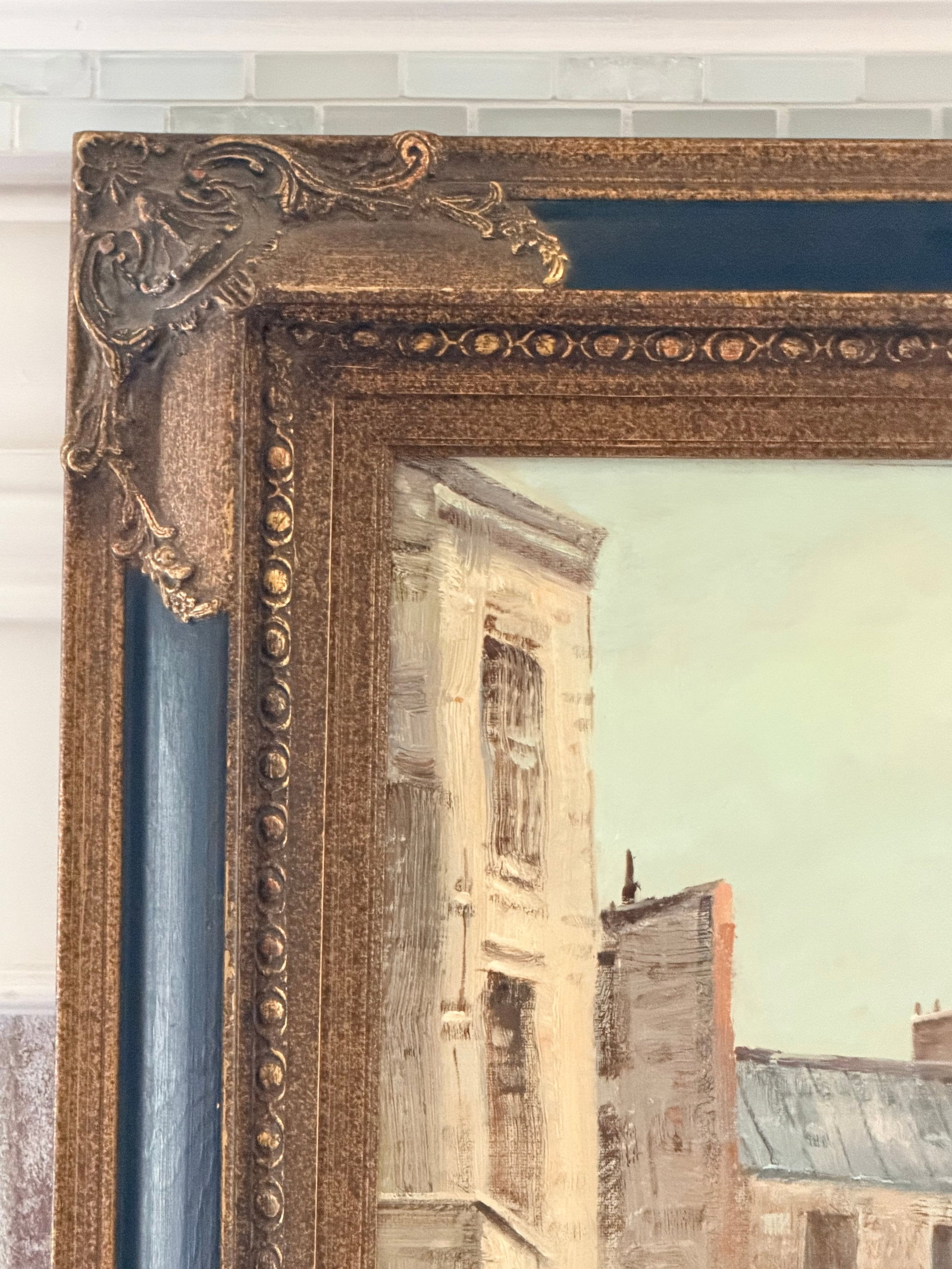 Large Vintage Parisian Street Scene Oil Painting of Victorian Woman in Ornate Gilt Frame - 6