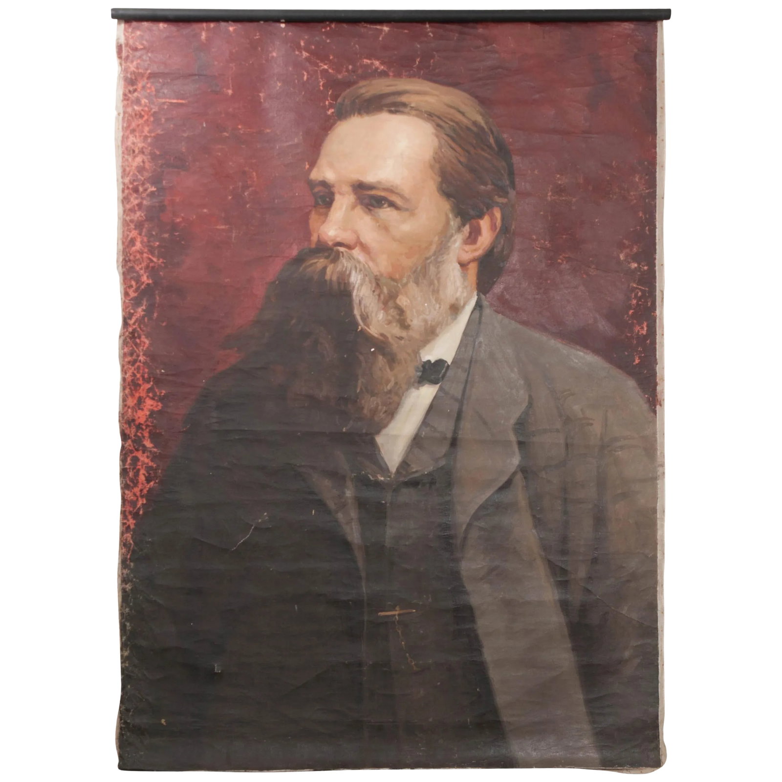 German 19th Century Large Portrait of Friedrich Engels: A heavily bearded Friedrich Engels stares into the distance in this massive 19th century German canvas portrait, 1820-1895. Engels was one of the leading political economists, philosophers, political