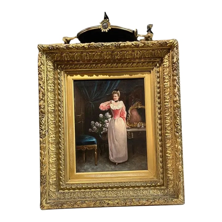 19th Century "Woman Admiring a Ring" by f.r. Alison: 19th Century "Woman Admiring a Ring" by F.R. Alison. Beautiful oil on panel piece. See detailed pics. Contact us for more information. Condition: Alterations: Original Condition Unaltered Imperfection