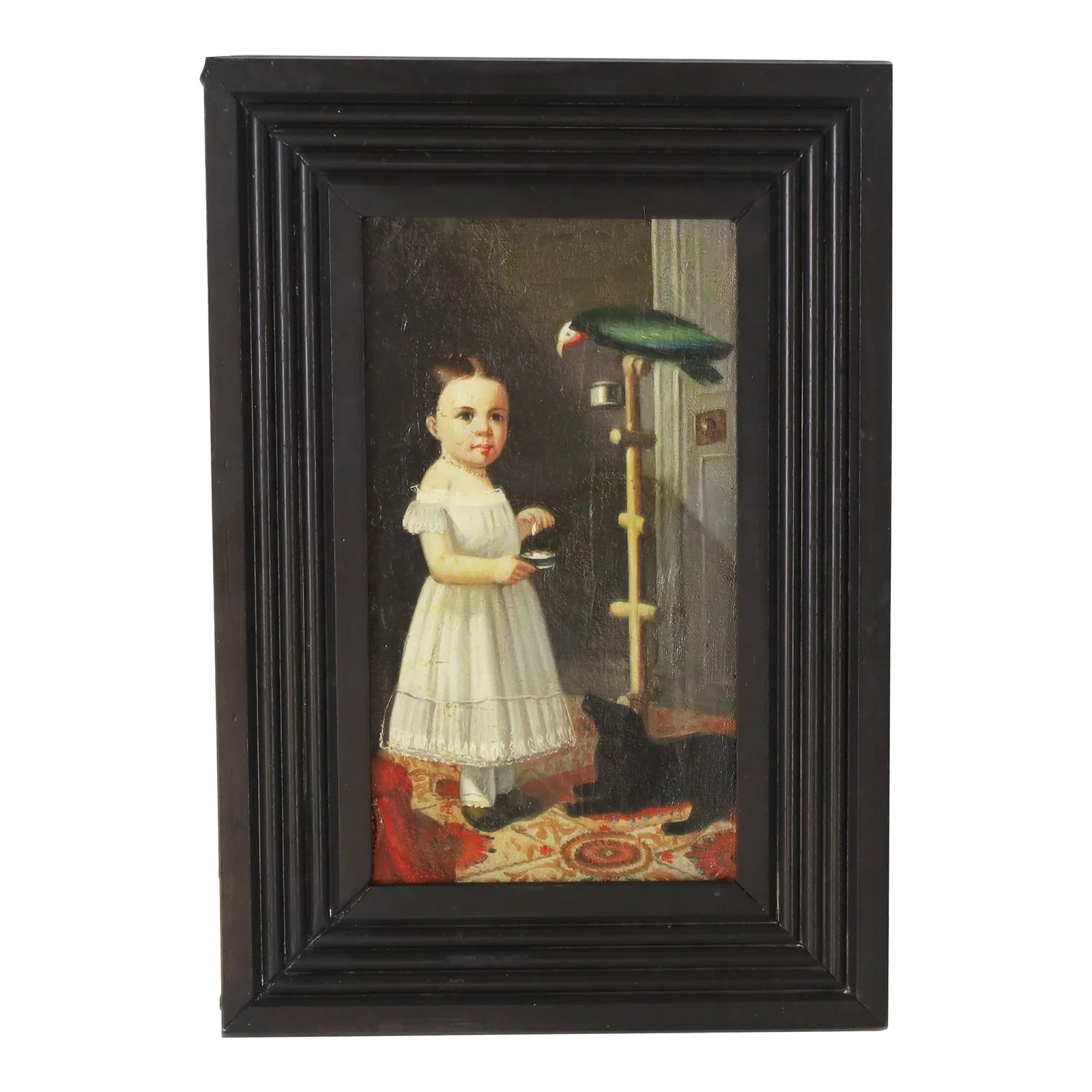 Antique Oil Painting on Canvas of a Child With a Bird and a Dog: Charming small 19th Century oil painting on canvas of a girl in a dress in an interior scene with a parrot and a dog executed in a distinctive early American school of portraiture. Remnants of the wor