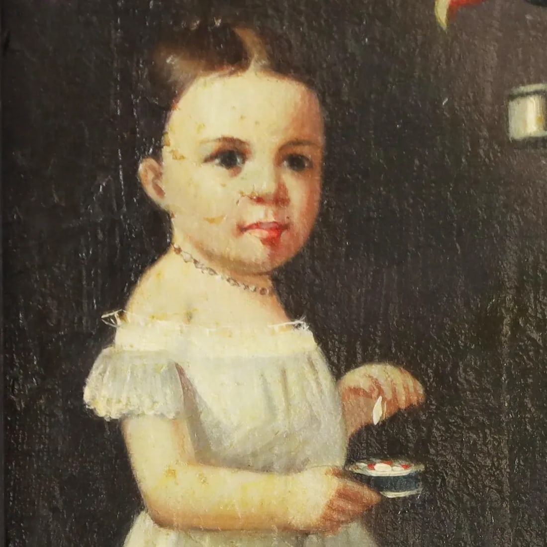 Antique Oil Painting on Canvas of a Child With a Bird and a Dog - 3