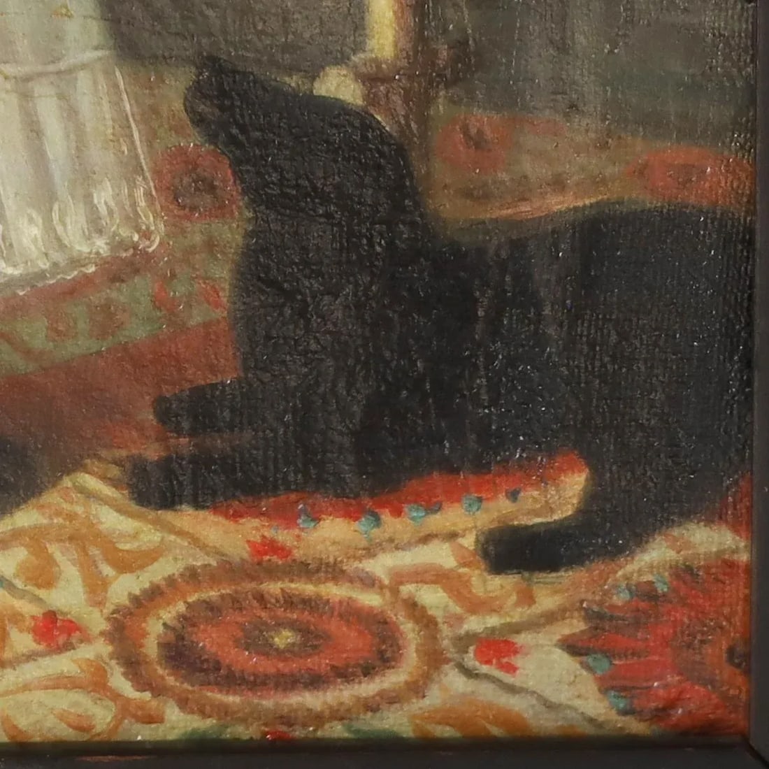 Antique Oil Painting on Canvas of a Child With a Bird and a Dog - 6