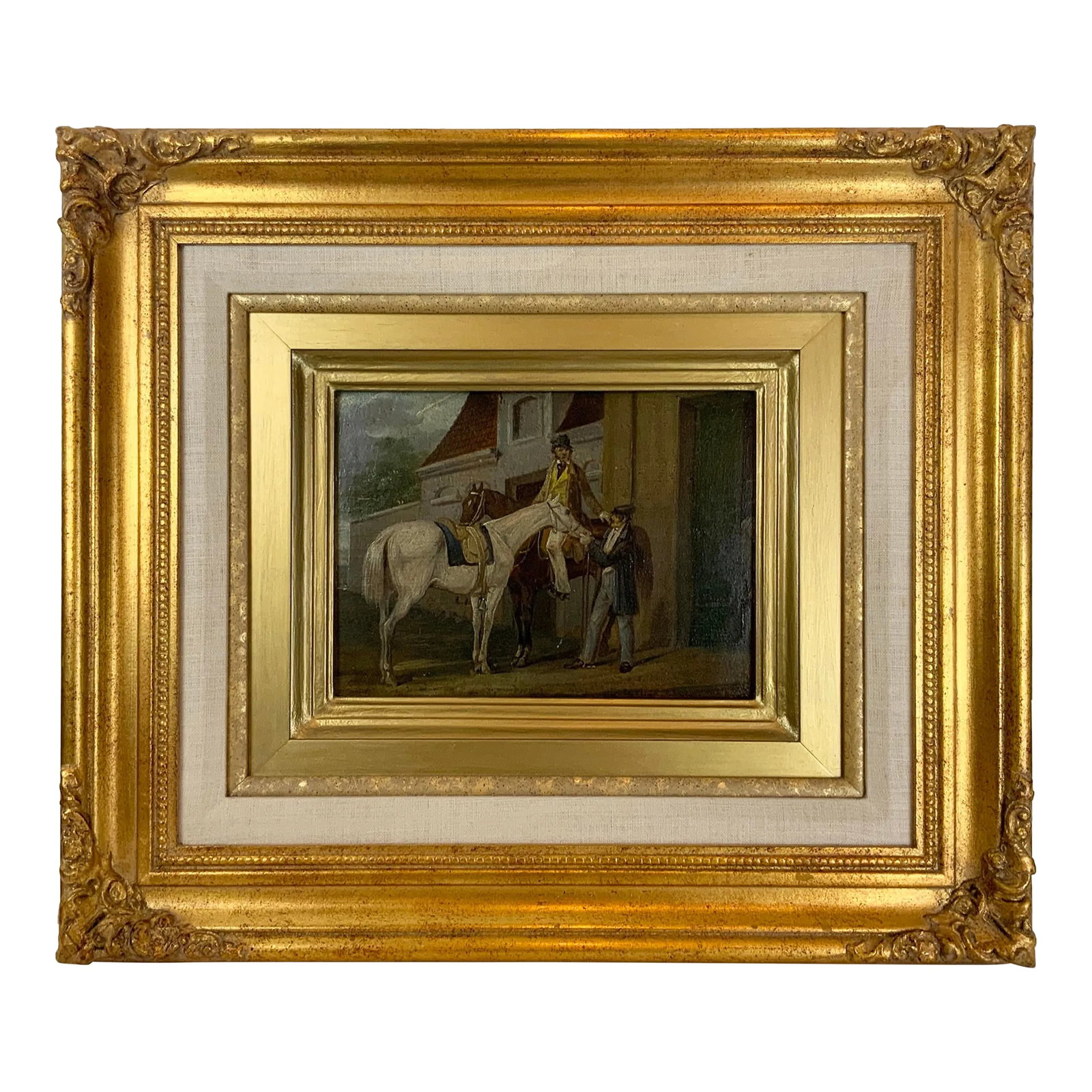 19th Century James Kerr Lawson Oil on Board Painting, Framed: This 19th Century painting is in the original stunning gilt frame with acanthus leaf corners. Two gentlemen are captured mid chat in this charming moment. Signed on the back by James Kerr Lawson. Jame