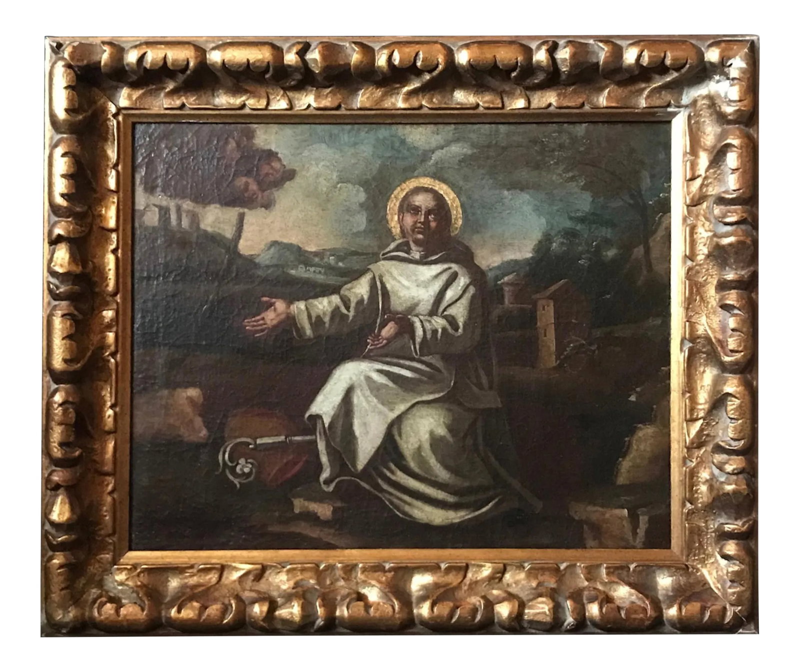 17th Century Saint Bernard of Clairvaux Painting: Dramatic expression and perfect use of chiaroscuro, the art of light and shadow effects, makes this painting a masterpiece. Saint Bernard of Clairvaux, clad in a white robe, lays down his mitre and