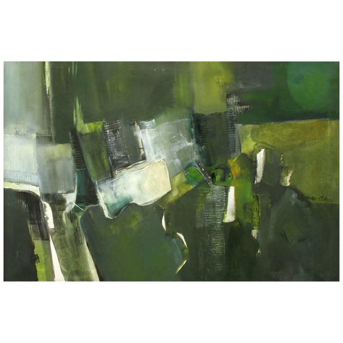 Janine Collier Oil on Canvas Titled "Val D'Oise," 20th Century: Abstract oil painting by French born artist Janine Collier. Greens, yellows, whites and greys make up the brooding color pallet. Signed lower right and en verso. Framed in a simple walnut and