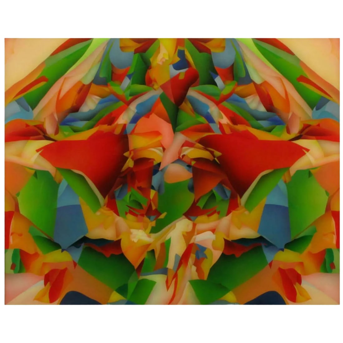 Large and Colorful Abstract Reverse Screen Print on Acrylic, Circa 1978: Colored with red, blue, green, yellow, orange and pink this reverse screen print on acrylic resembles an oil painting from a distance. In gold frame. Signed and dated. Condition: Alterations: Original