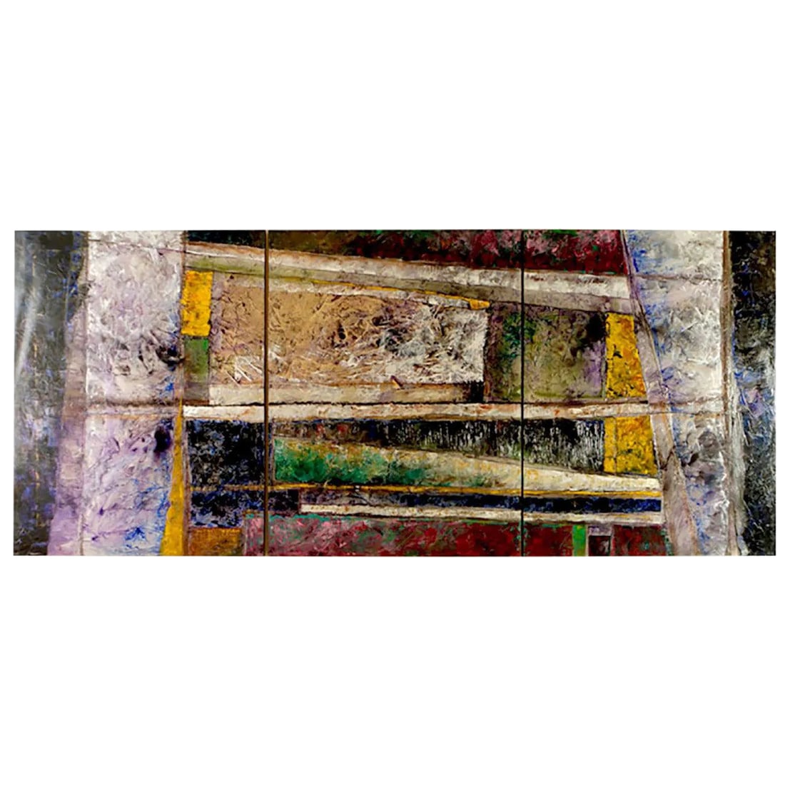 Juan Carlos Macias Abstract Triptych Painting: Over 7 feet tall and 20 feet wide, this colorful acrylic on canvas abstract expressionist painting is by Mexican-born Juan Carlos Macias, who resides in Chicago. Photographs do not do justice to this