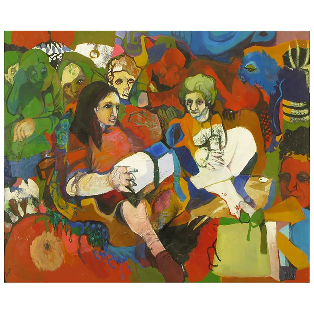 Large Colorful Figural Oil Painting by Gloria Dugan: Large animated and primary colored painting titled "Baby Shower" by Illinois Artist Gloria Dugan. Oil on art board in a Primitive two part white lacquered wood and unfinished weathered wood frame.