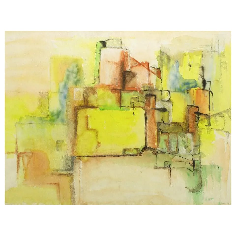 Jansen Abstract Mixed-Media Painting in Yellow, Green, Tan and Blue: Muted abstract cubism painting signed Anne Jansen, 1970. Mixed medium on water color paper uses water colors and India ink as well as colored pencils. Matted in taupe and framed in simple wood and bla